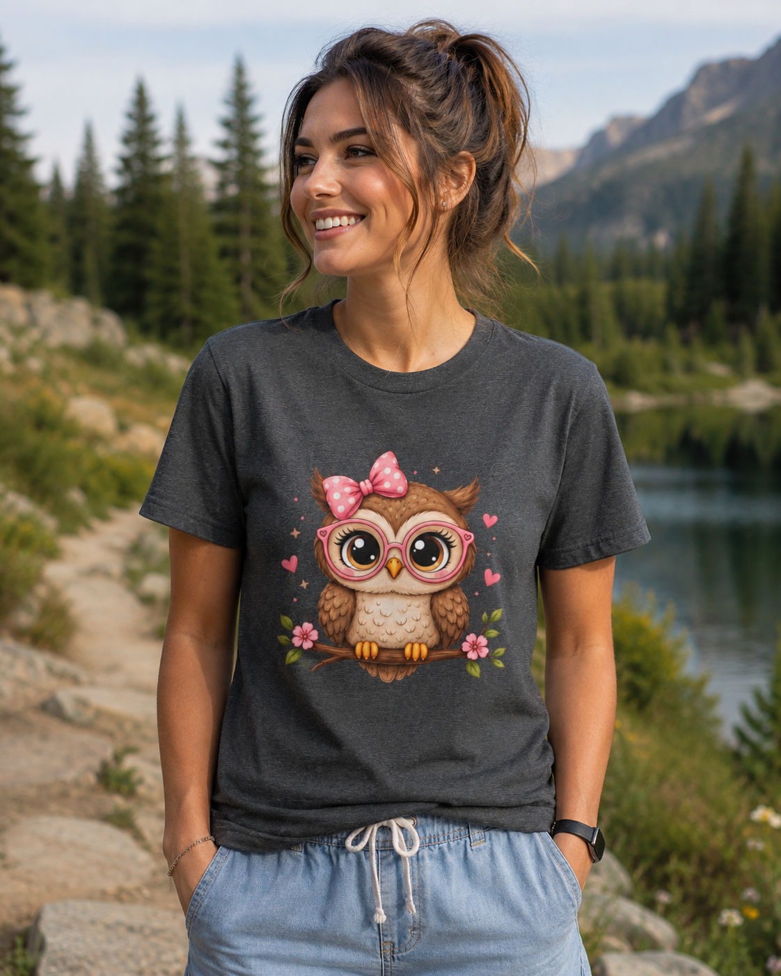 Cute Owl Tee — Whimsical Pink Bow Owl Graphic T-Shirt