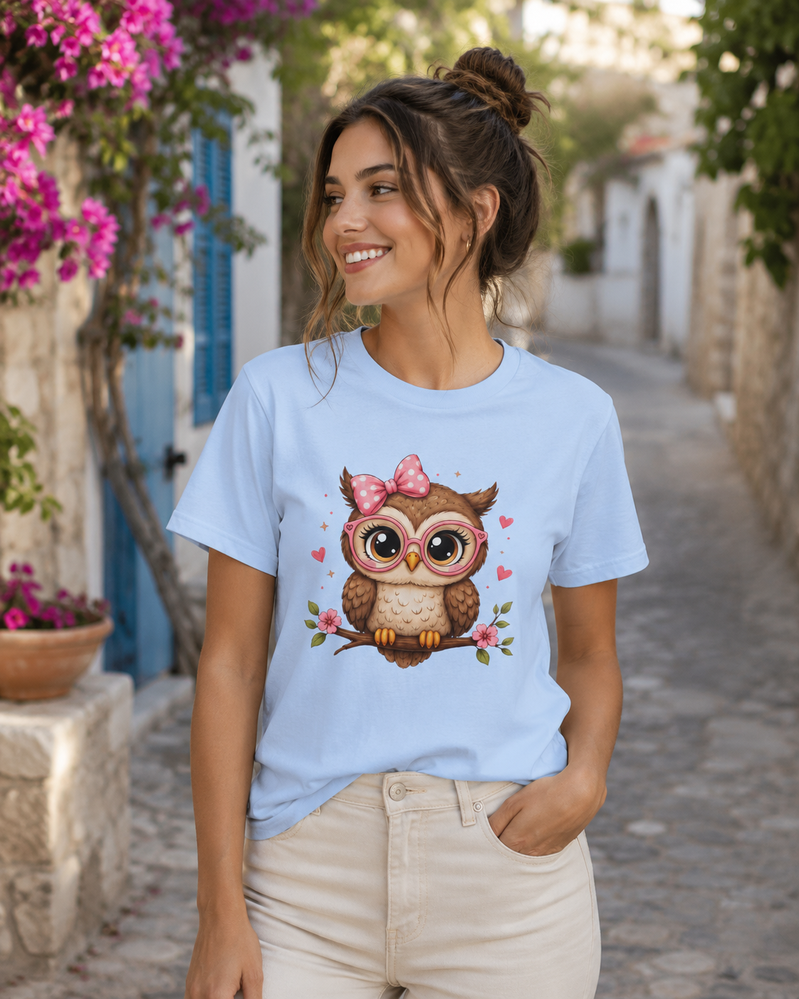 Cute Owl Tee — Whimsical Pink Bow Owl Graphic T-Shirt