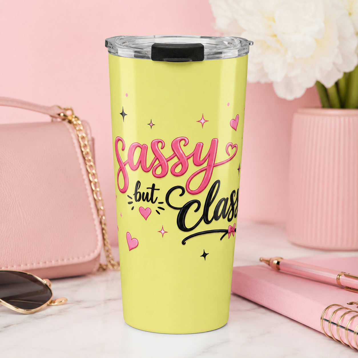 20oz Tumbler - "Sassy but Classy" Insulated Travel Cup, Cute Yellow Stainless Steel Tumbler for Women