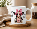 Touch My Coffee Mug — Cute Cow with Pink Bow & Heart Glasses Coffee Cup