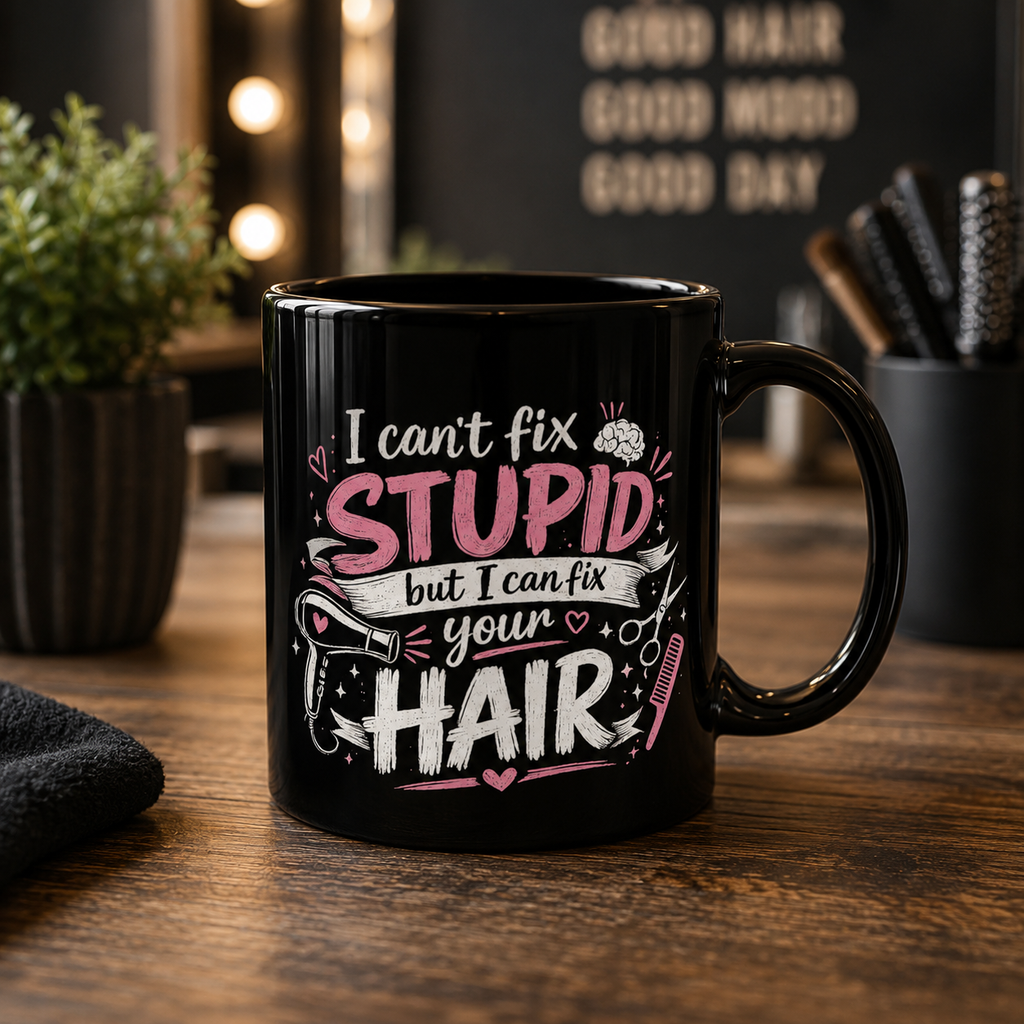 Hair Stylist Mug — "I Can't Fix Stupid but I Can Fix Your Hair" Funny Coffee Cup