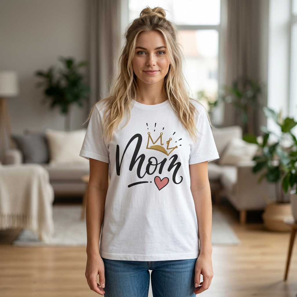 Mom Crown T-Shirt — Cute Script Mom Shirt with Gold Crown & Heart