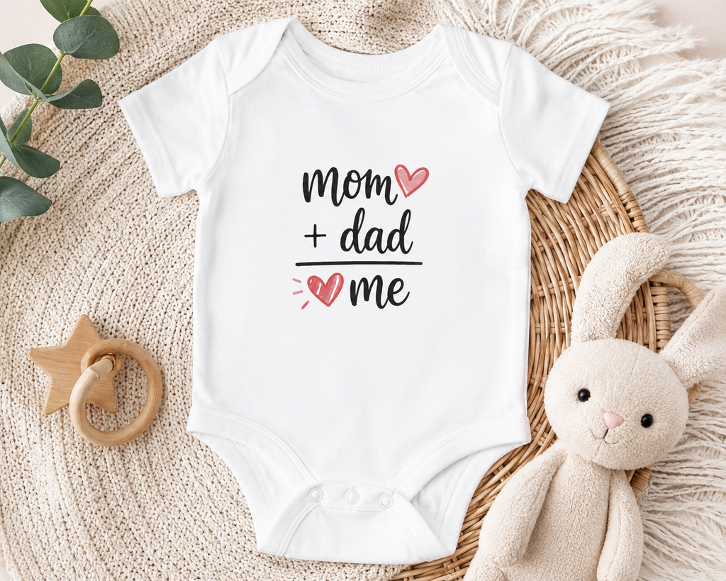 Infant Bodysuit — "Mom + Dad = Me" Heart Baby One-Piece