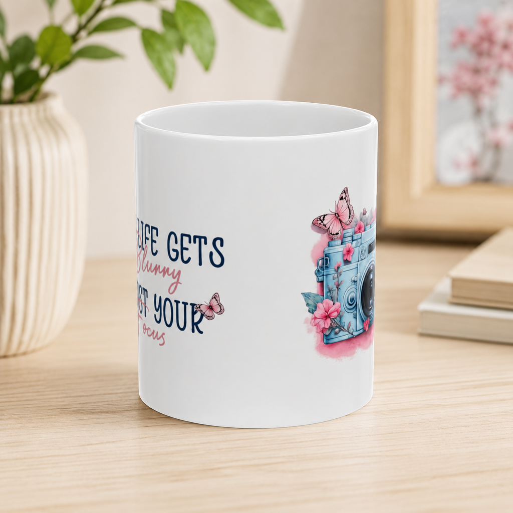 Ceramic Mug — "When Life Gets Messy" Vintage Camera Floral Coffee Cup (11oz & 15oz)