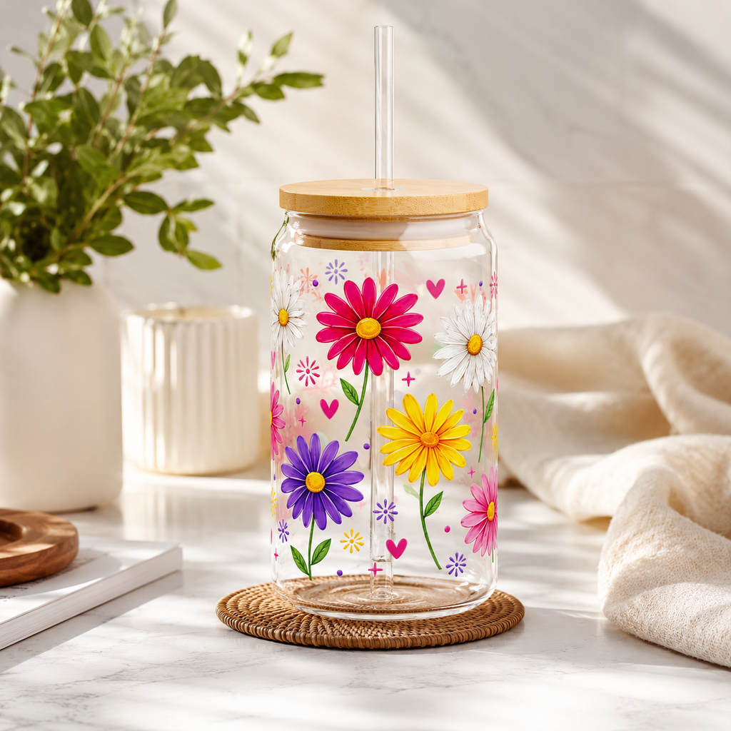 16oz Floral Sipper Glass with Bamboo Lid & Straw — Colorful Daisy Drink Tumbler