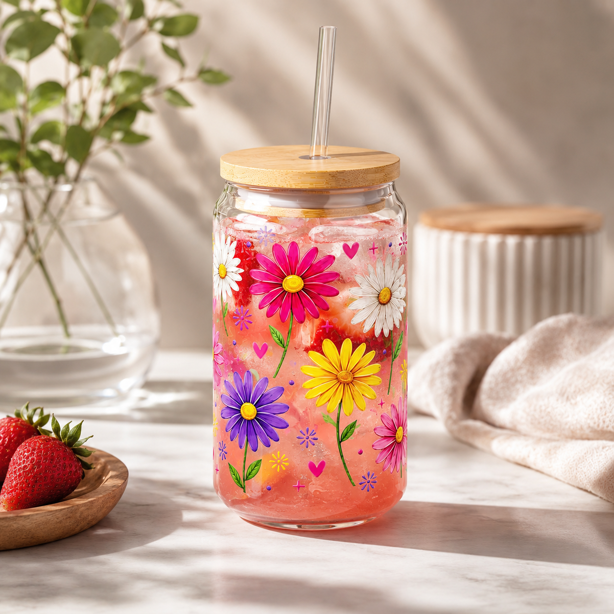 16oz Floral Sipper Glass with Bamboo Lid & Straw — Colorful Daisy Drink Tumbler