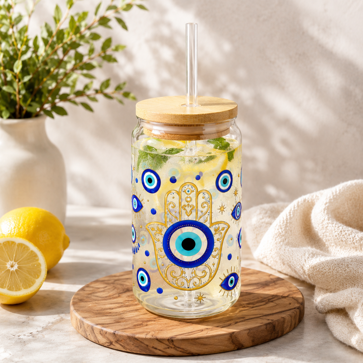 Evil Eye Hamsa 16oz Sipper Glass – Protective Tumbler with Straw