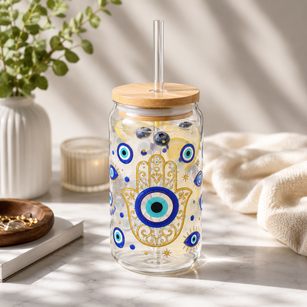 Evil Eye Hamsa 16oz Sipper Glass – Protective Tumbler with Straw