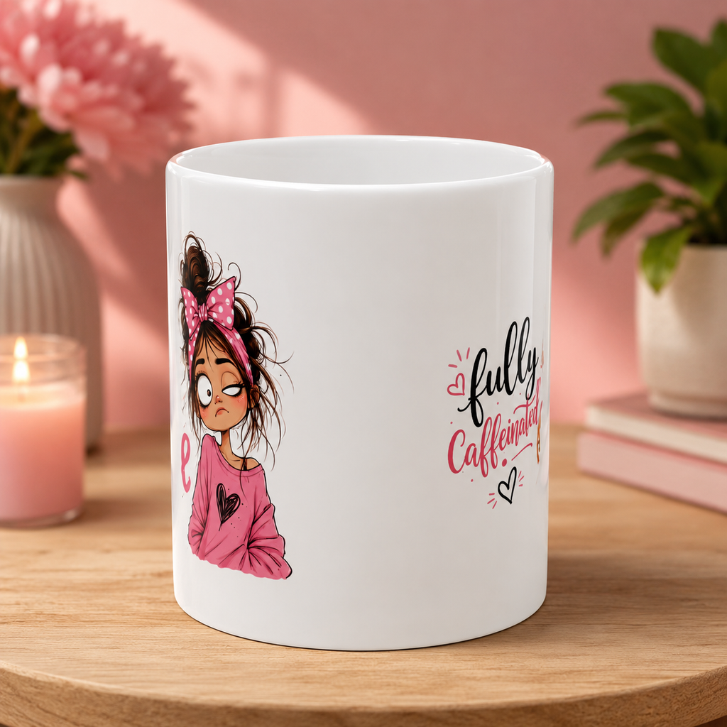 Coffee Lover Mug — "Fully Caffeinated" Cute Girl Cartoon Coffee Gift