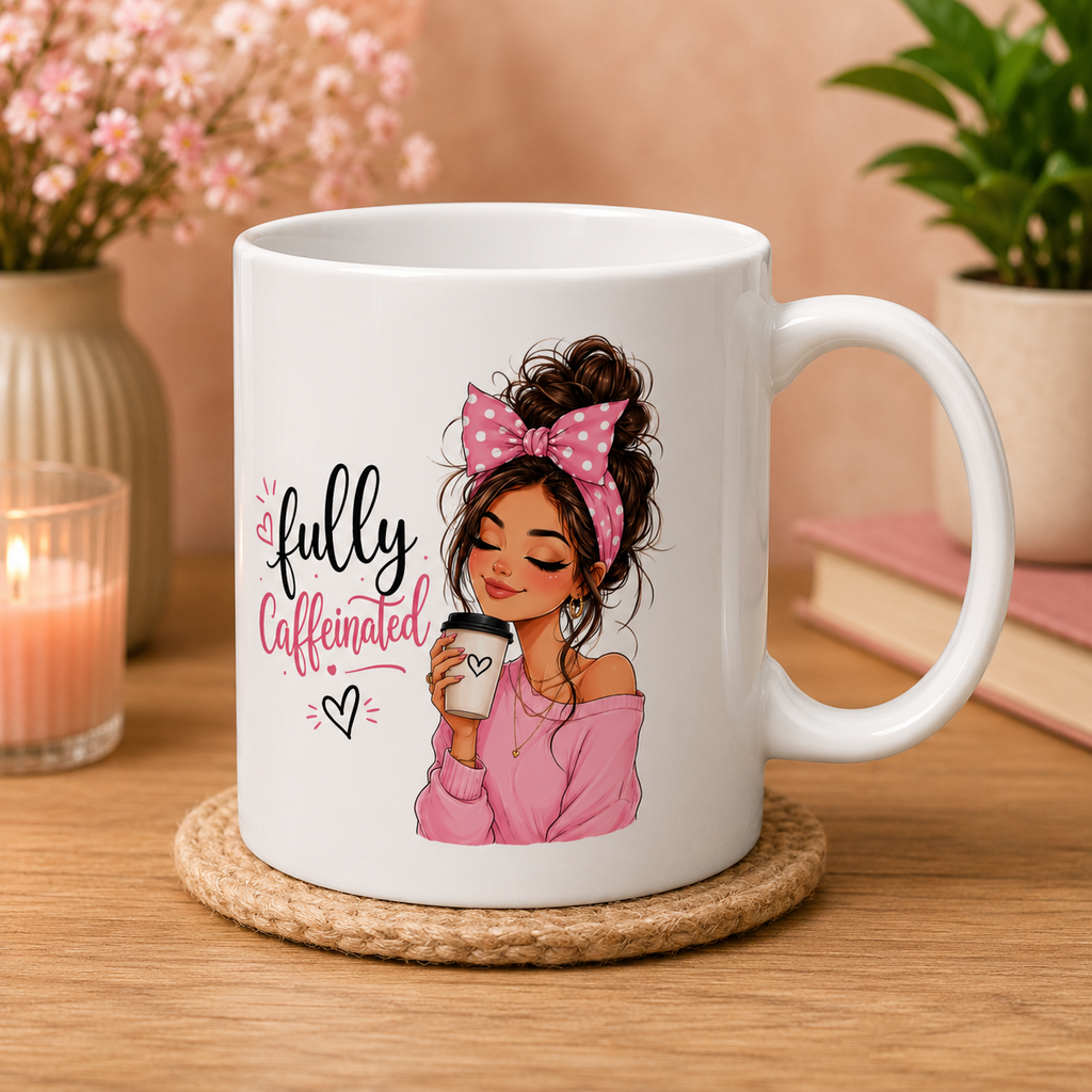 Coffee Lover Mug — "Fully Caffeinated" Cute Girl Cartoon Coffee Gift