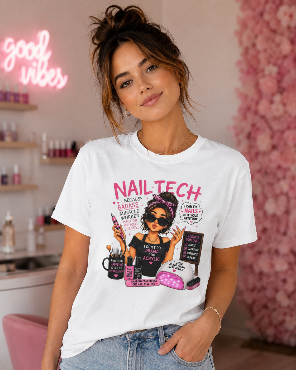Nail Tech T-Shirt — "Because Badass Miracle Worker" Graphic Tee for Nail Technicians