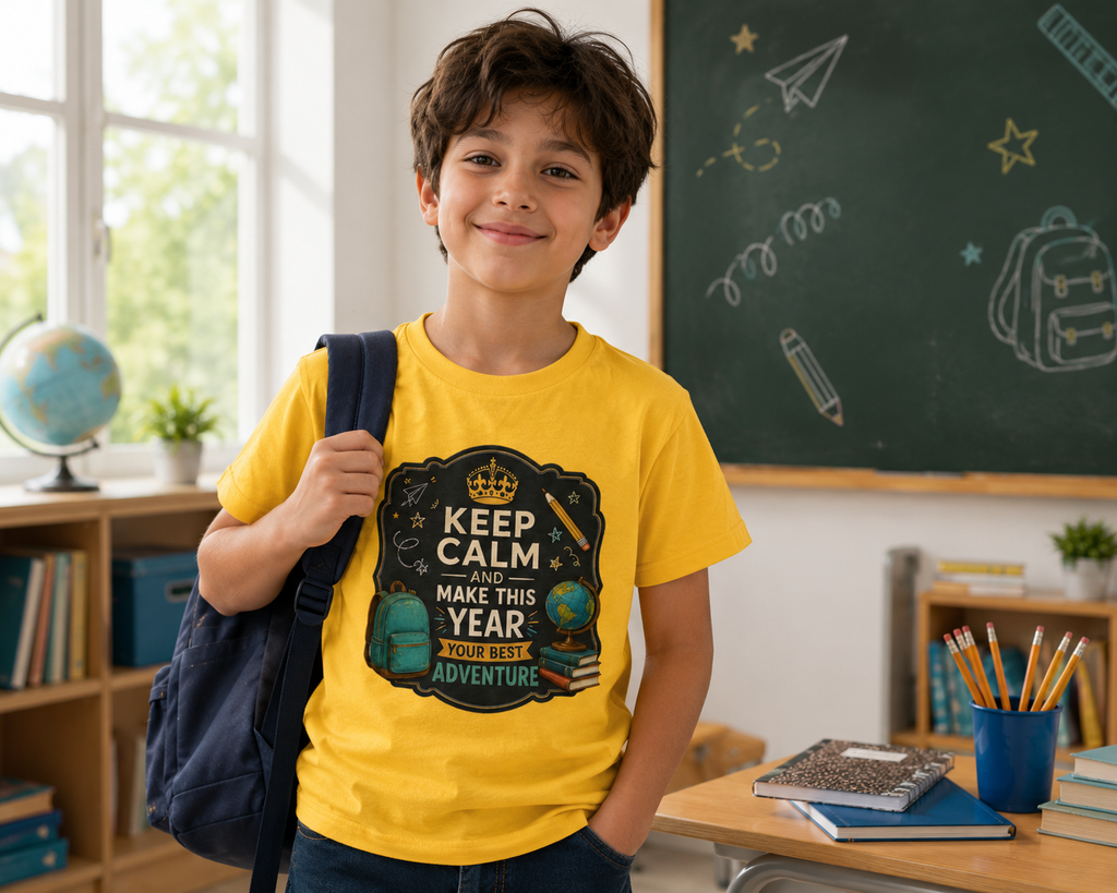 Kids Tee — "Keep Calm and Make This Year Your Best Adventure" Travel Graphic