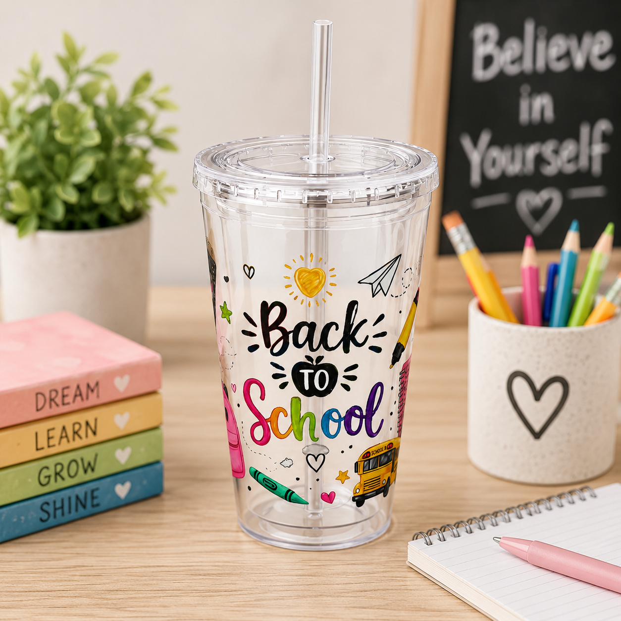 Back to School 16oz Tumbler with Straw – Cute School Supplies Design
