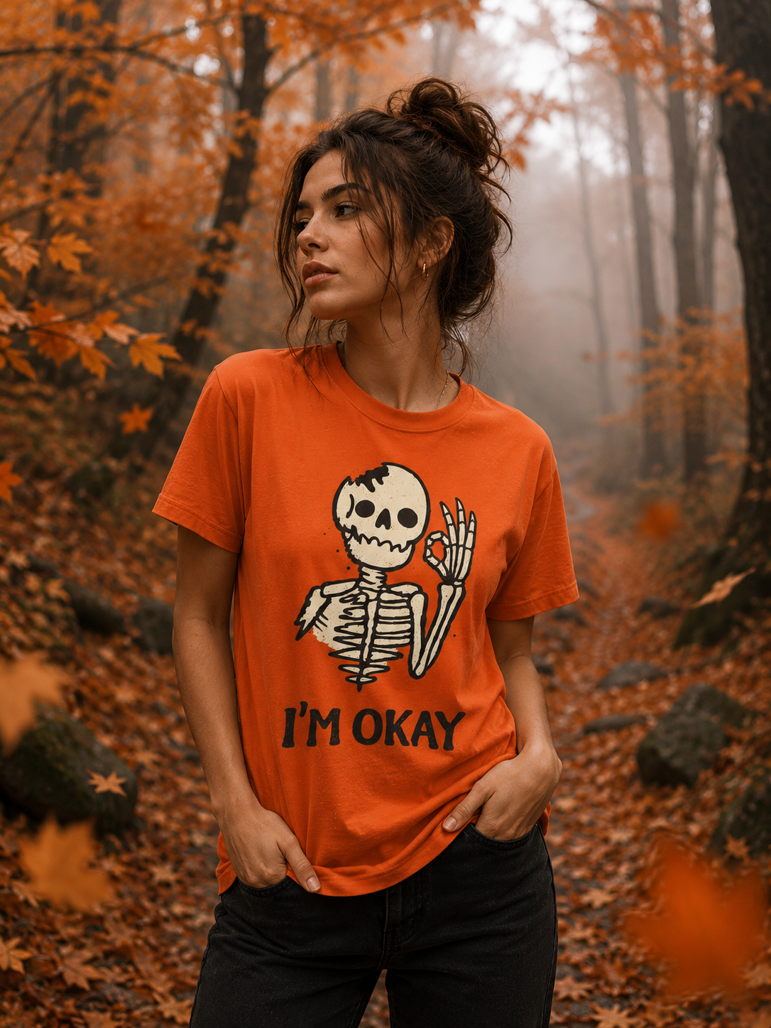 I'm Okay Skeleton T-Shirt — Cute Waving Skeleton Graphic Tee (Halloween, Spooky Casual)