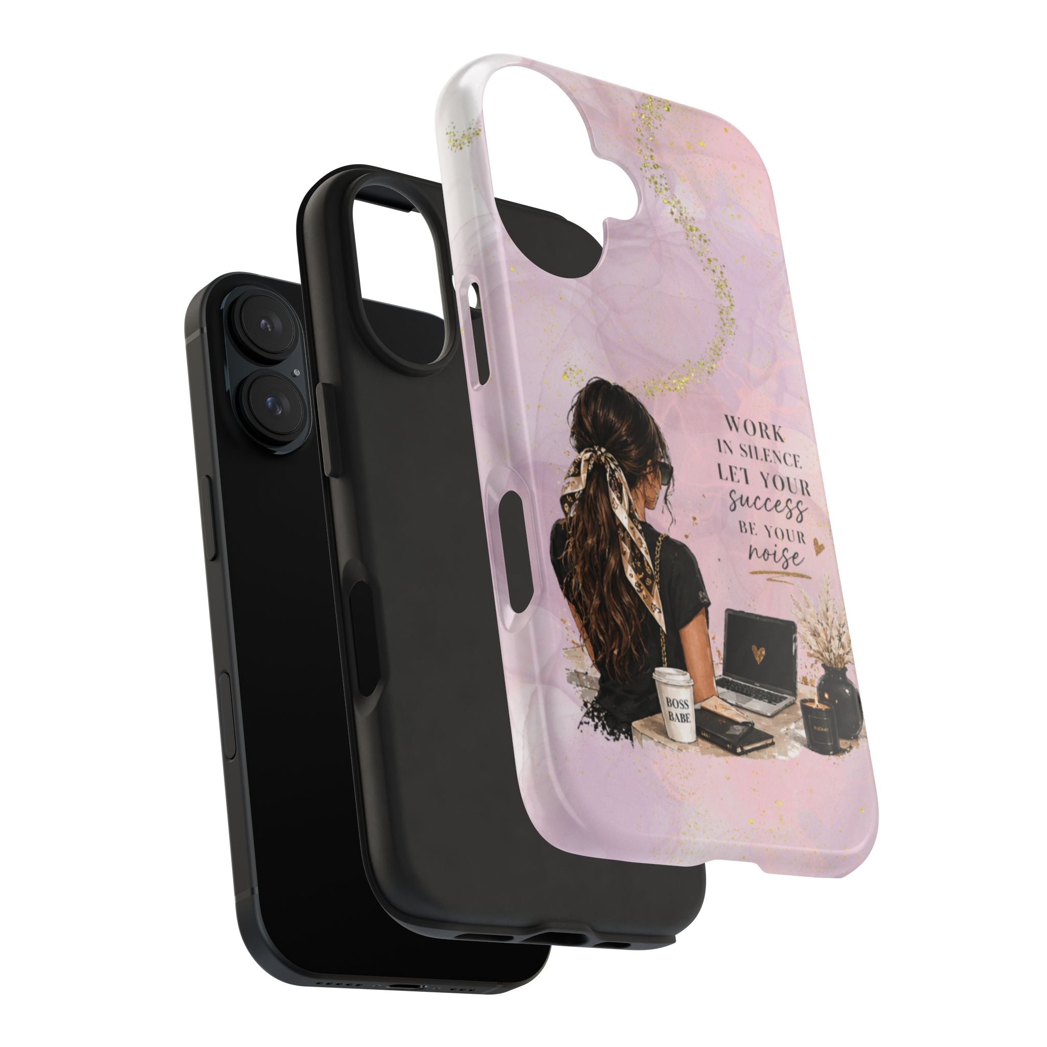 Inspirational Pink Work Desk Phone Case — "Work in Silence, Let Your Success Be Your Noise"