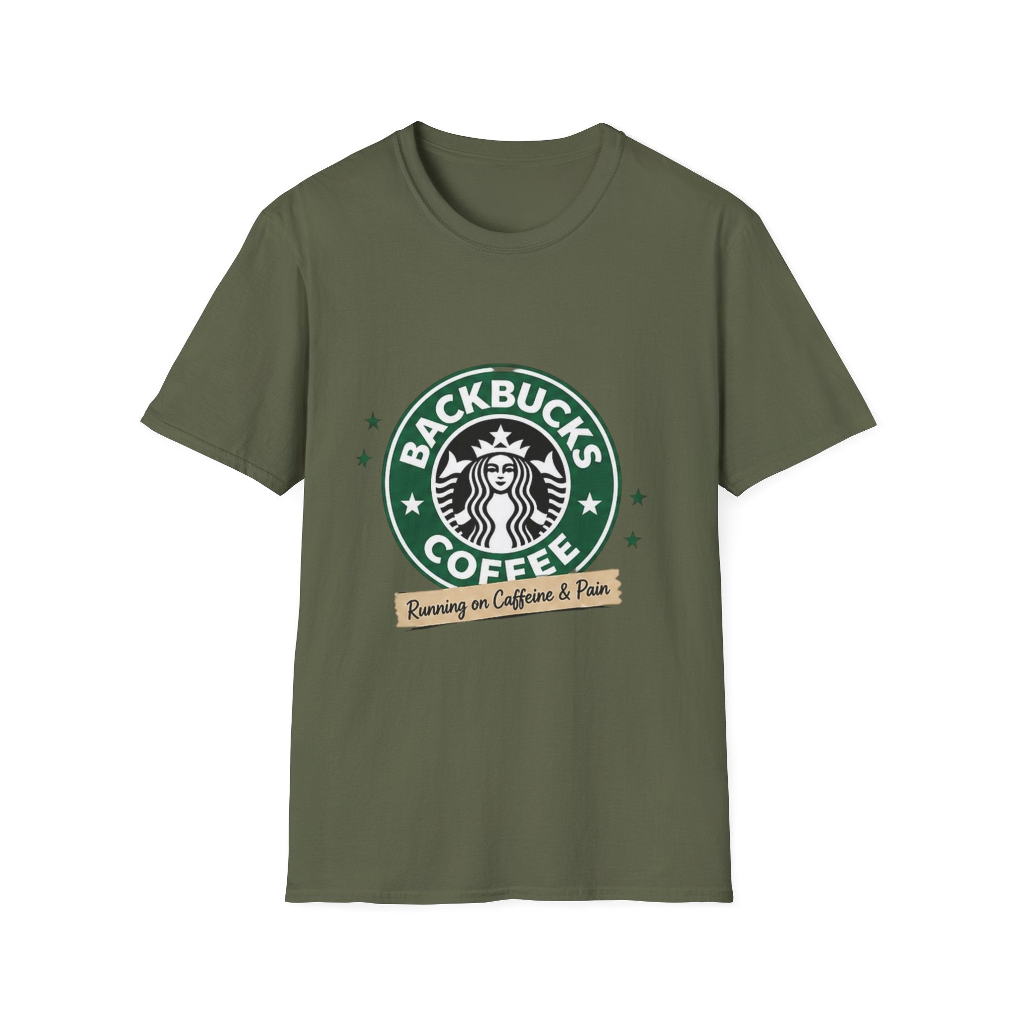 Backbucks Coffee T-Shirt — "Running on Caffeine & Pain" Vintage Logo Tee