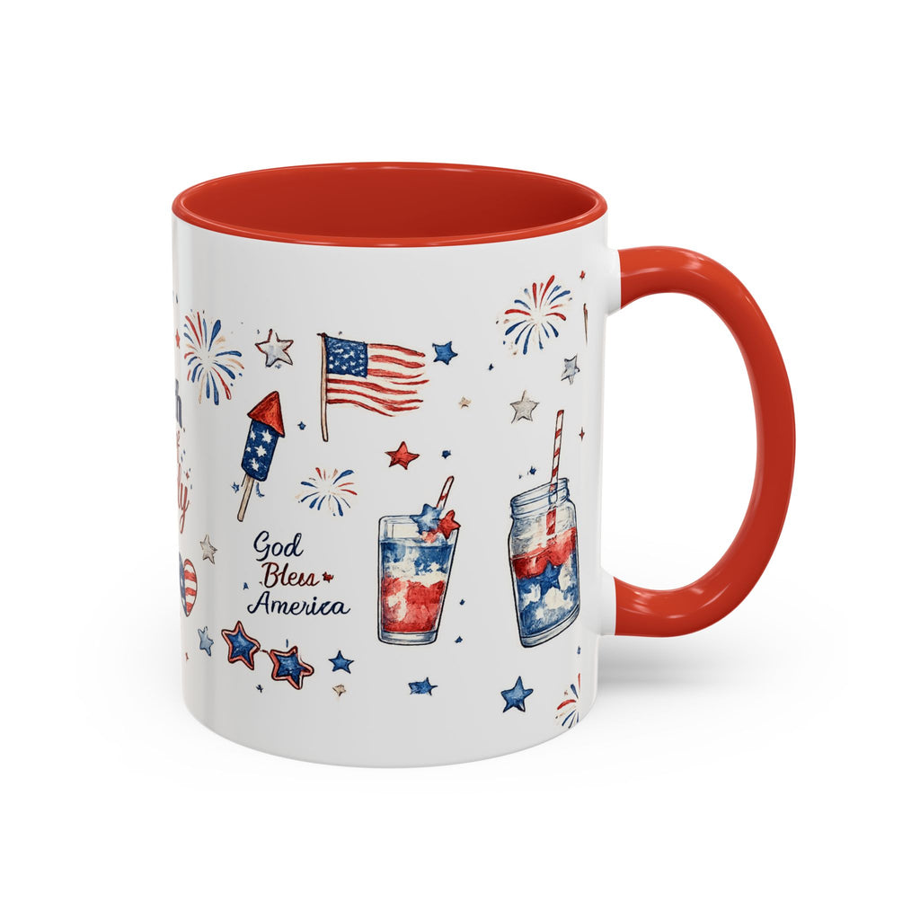 4th of July Accent Coffee Mug — Patriotic Fireworks & God Bless America Design (11oz)
