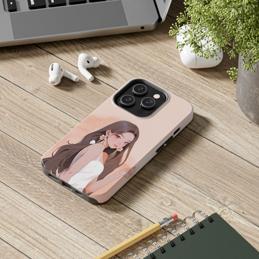 Tough Phone Case — Elegant Anime Girl Illustration, Protective Slim Phone Cover