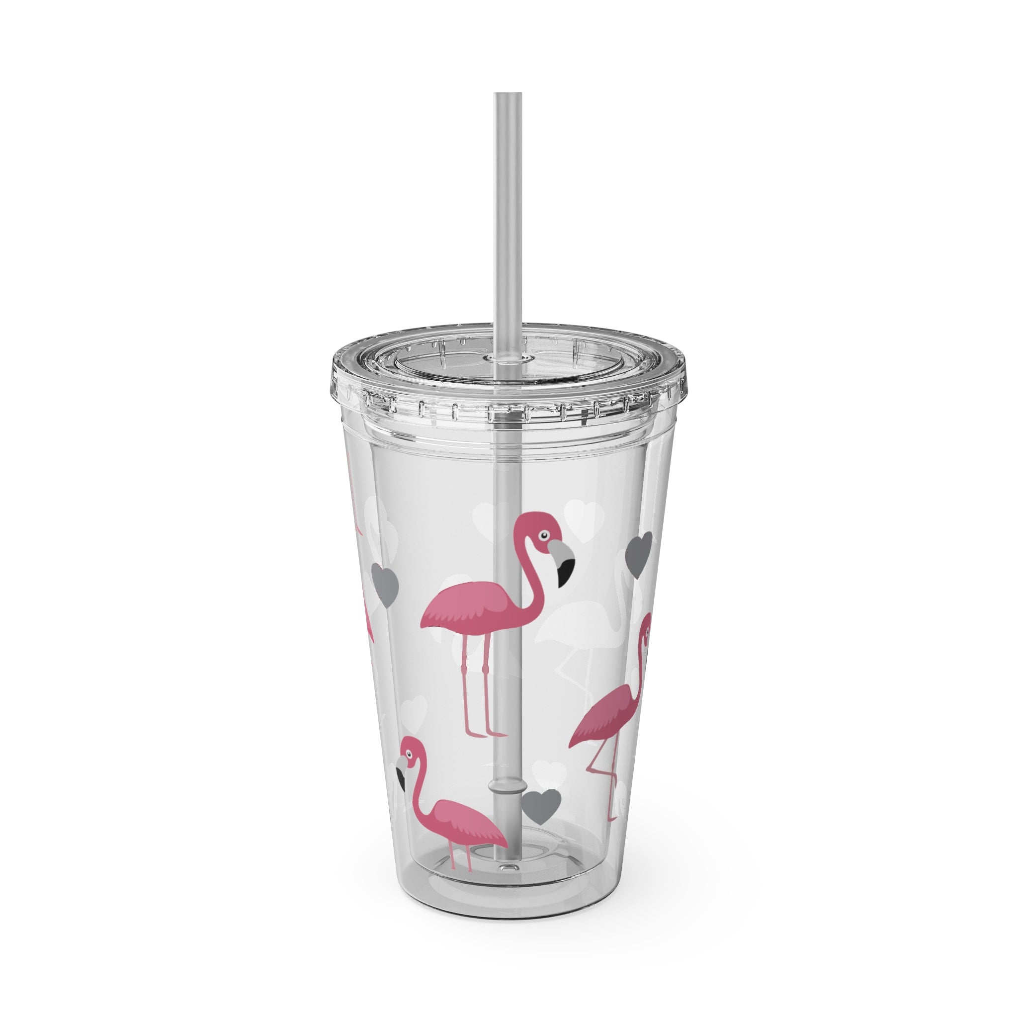 Flamingo Heart 16oz Tumbler with Straw — Cute Pink Flamingo Drink Cup