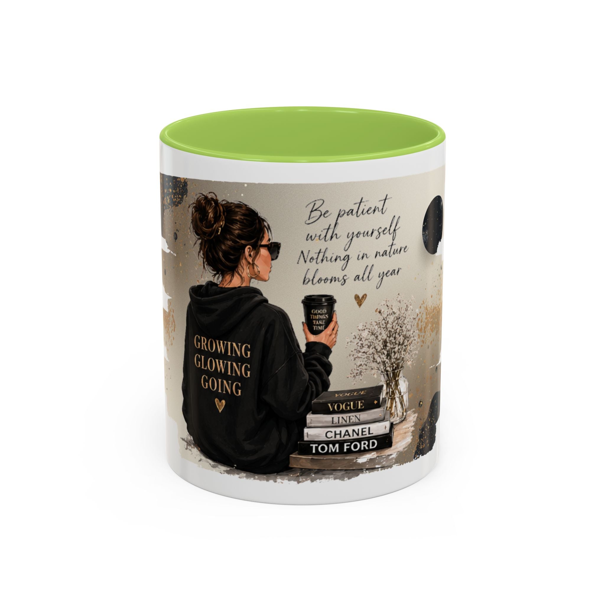 Inspirational Coffee Mug — "Be patient with yourself" Cozy Woman Design (11oz)