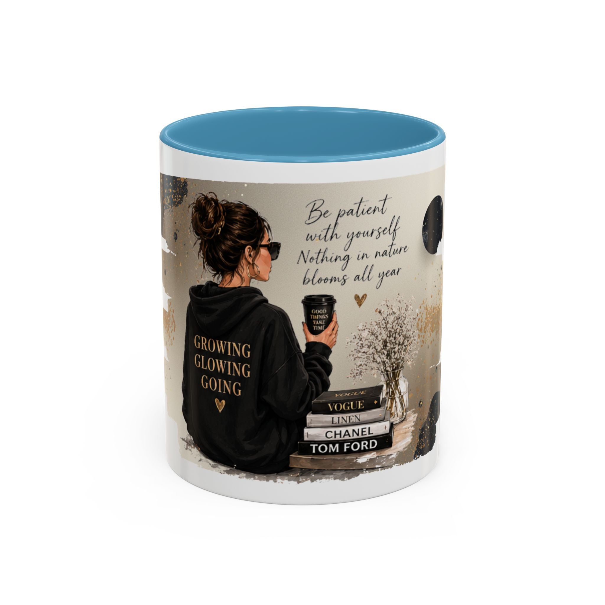 Inspirational Coffee Mug — "Be patient with yourself" Cozy Woman Design (11oz)