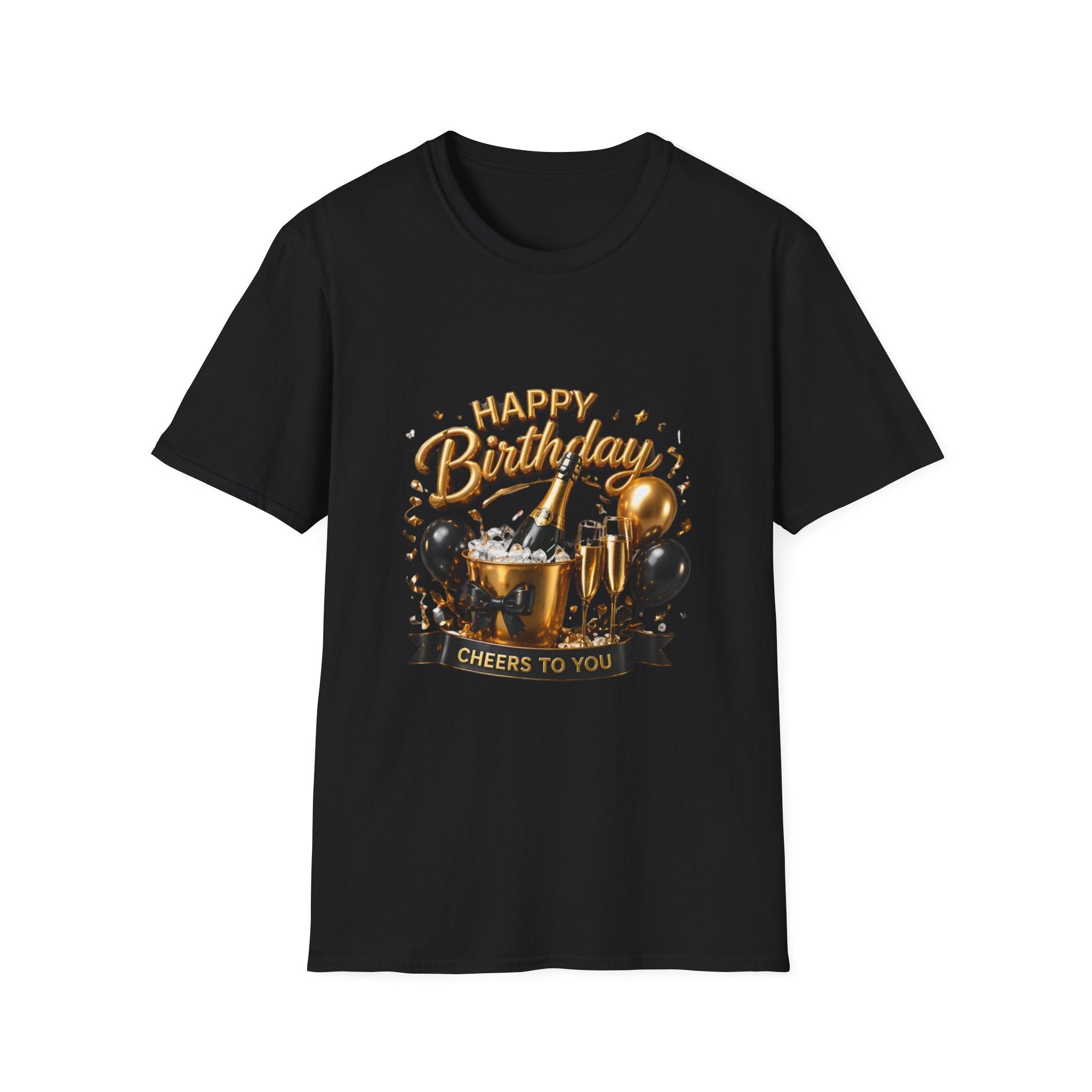 Birthday Cheers T-Shirt — "Happy Birthday" Champagne & Balloons Design