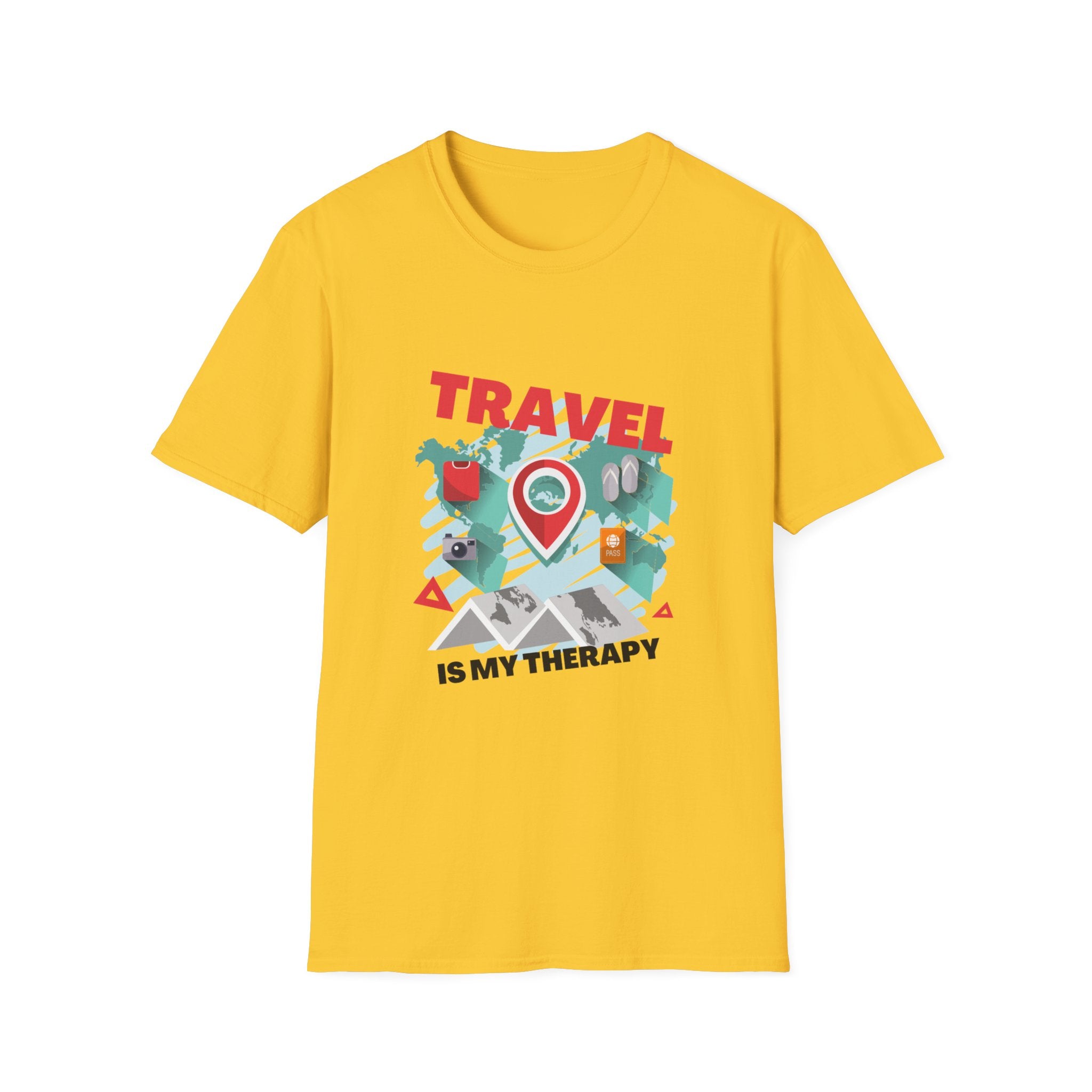 Travel Is My Therapy T-Shirt — Wanderlust Map Tee for Travelers & Adventure Lovers