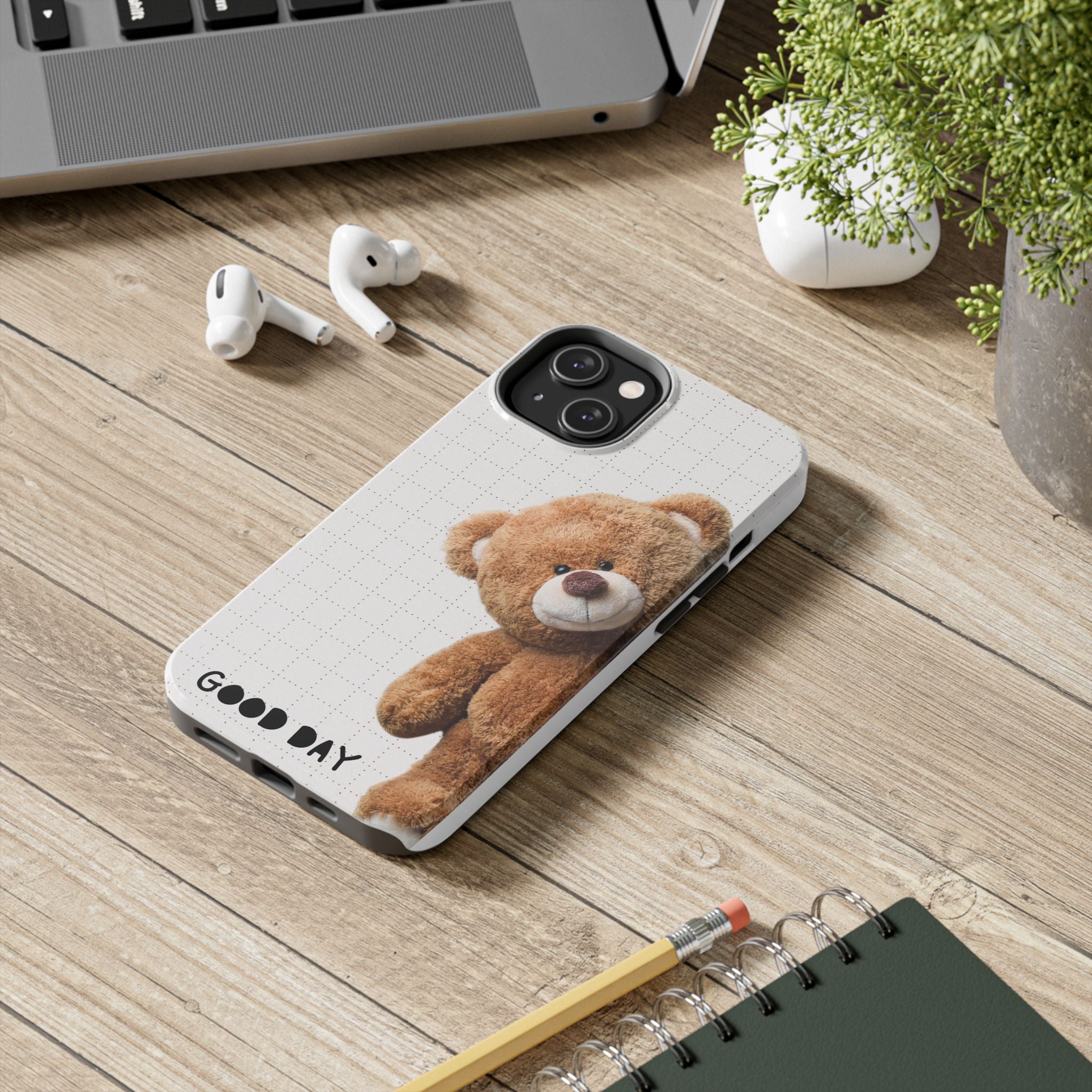 Teddy Bear Tough Phone Case — Cute Plush Peeking Design, Protective Shockproof Cover