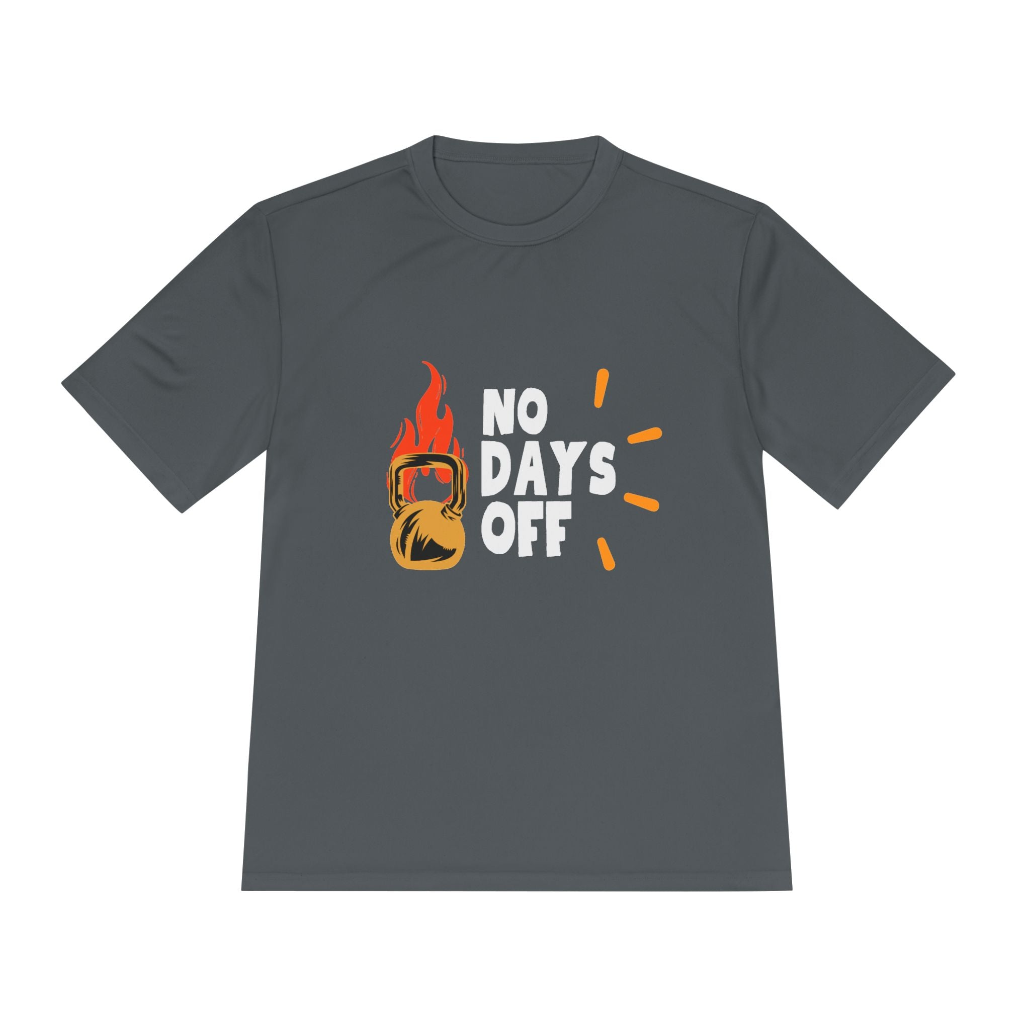 No Days Off Flame Kettlebell Tee — Motivational Gym Workout Shirt