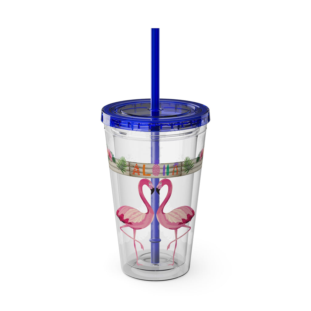 16oz Flamingo Aloha Tumbler with Straw — Tropical Sunsplash Drink Cup