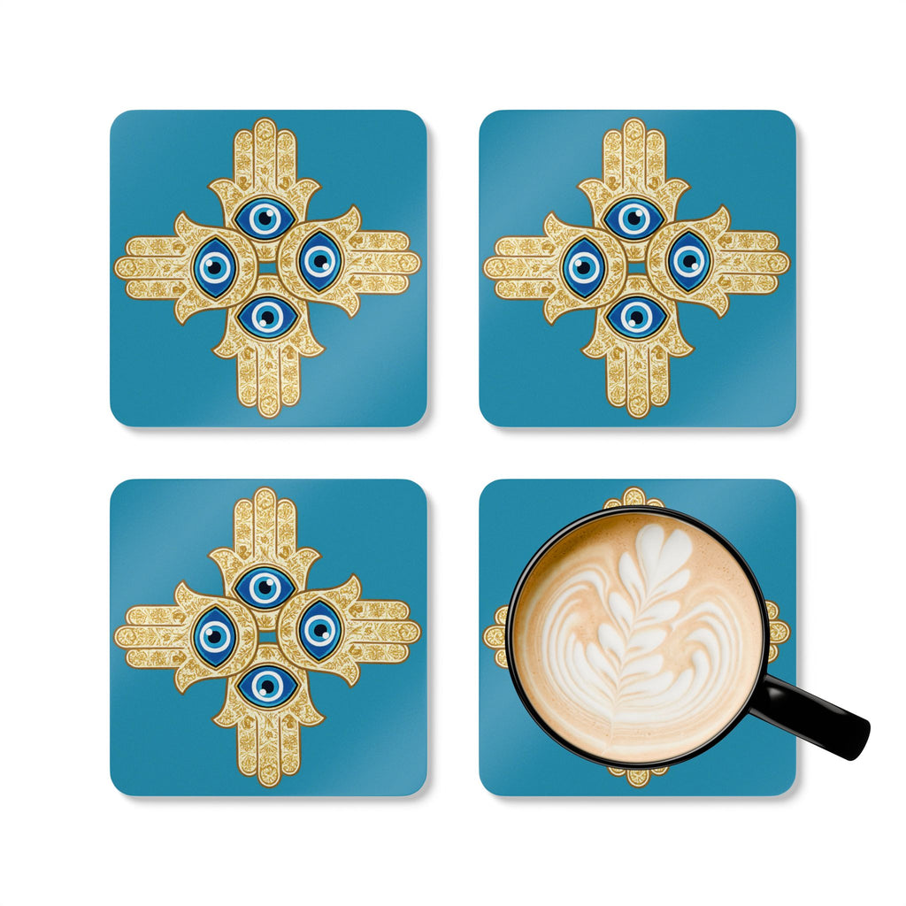 Evil Eye Mandala Cork Coaster Set – Protective Blue Hamsa Drink Coasters (4-Pack)