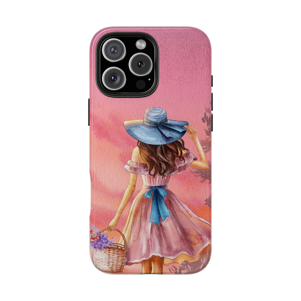 Pastel Picnic Girl Phone Case — Protective Tough Phone Case with Watercolor Sunset Design
