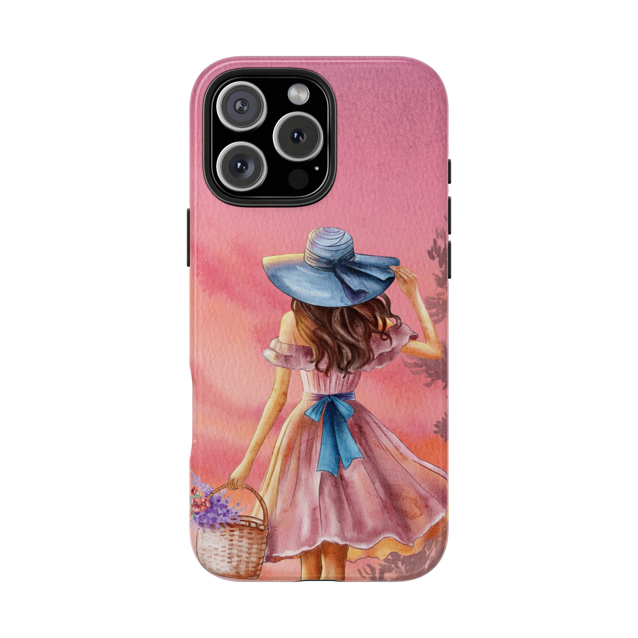 Pastel Picnic Girl Phone Case — Protective Tough Phone Case with Watercolor Sunset Design