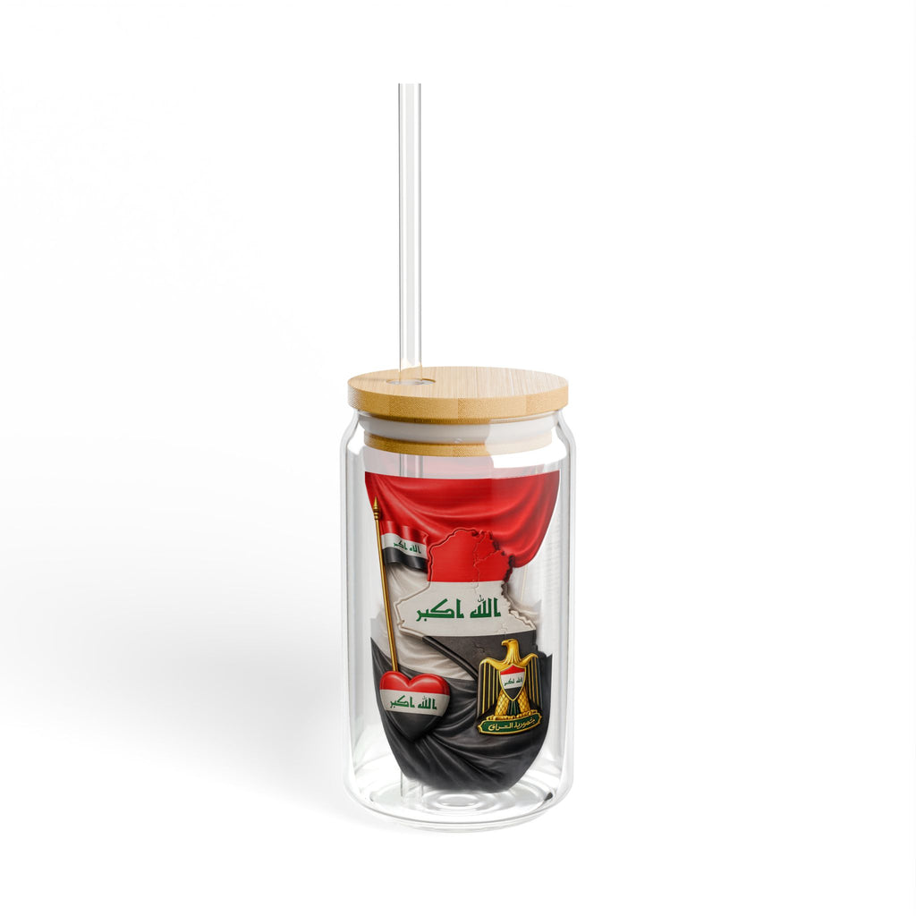 Iraq Flag Sipper Glass 16oz - Patriotic Bamboo Lid Tumbler
