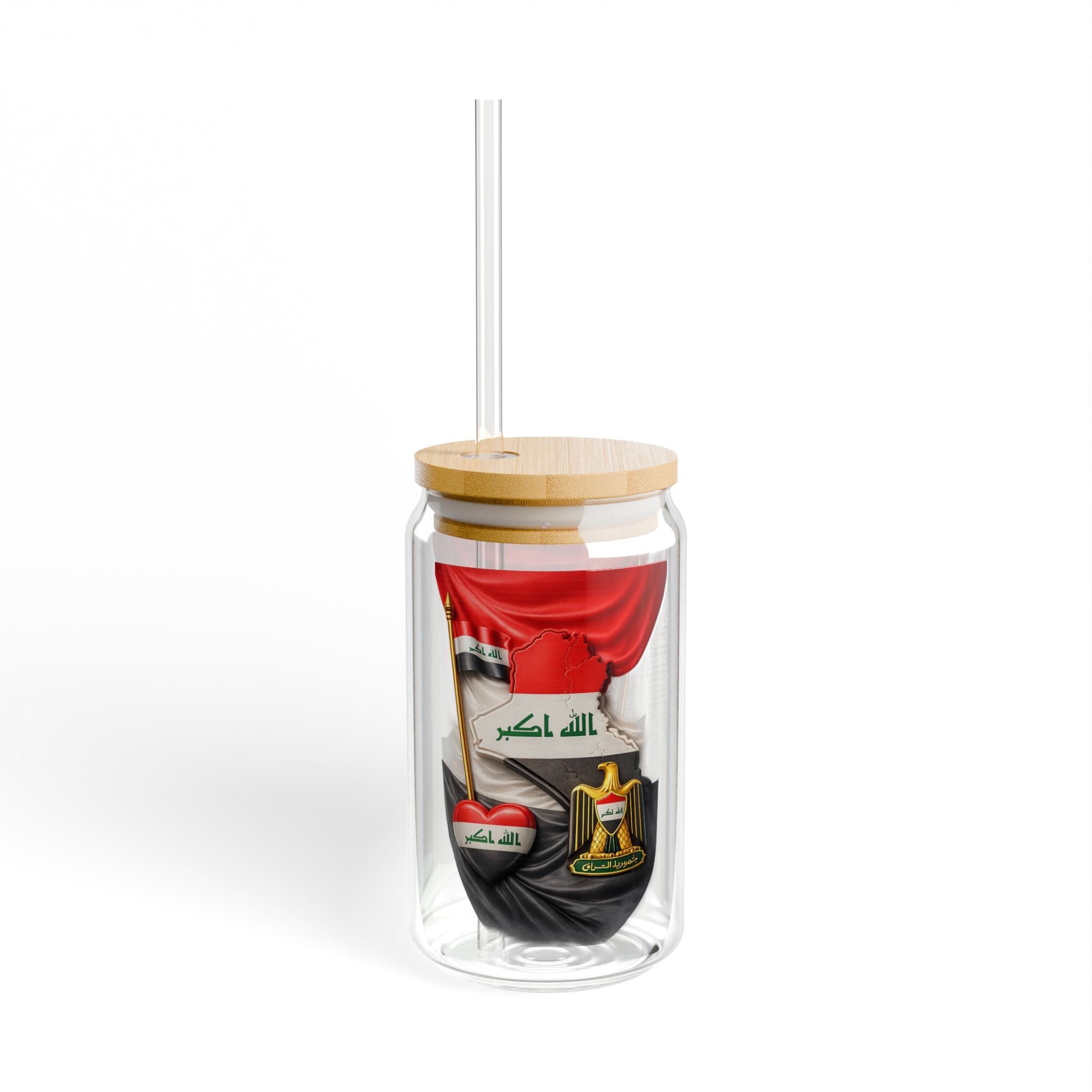 Iraq Flag Sipper Glass 16oz - Patriotic Bamboo Lid Tumbler
