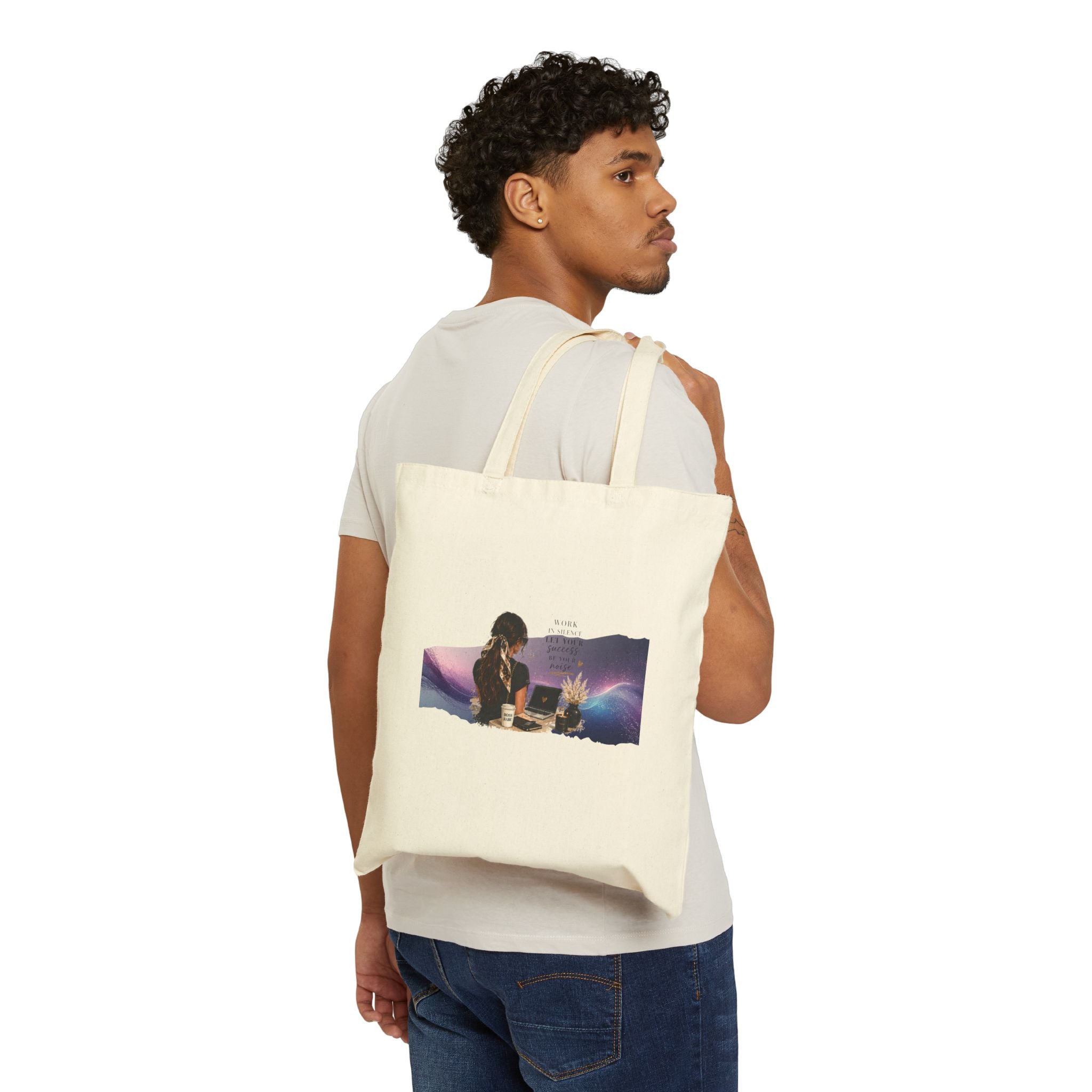 Cosmic Coffee Tote Bag — Retro Woman, Laptop & Sunrise Canvas Tote