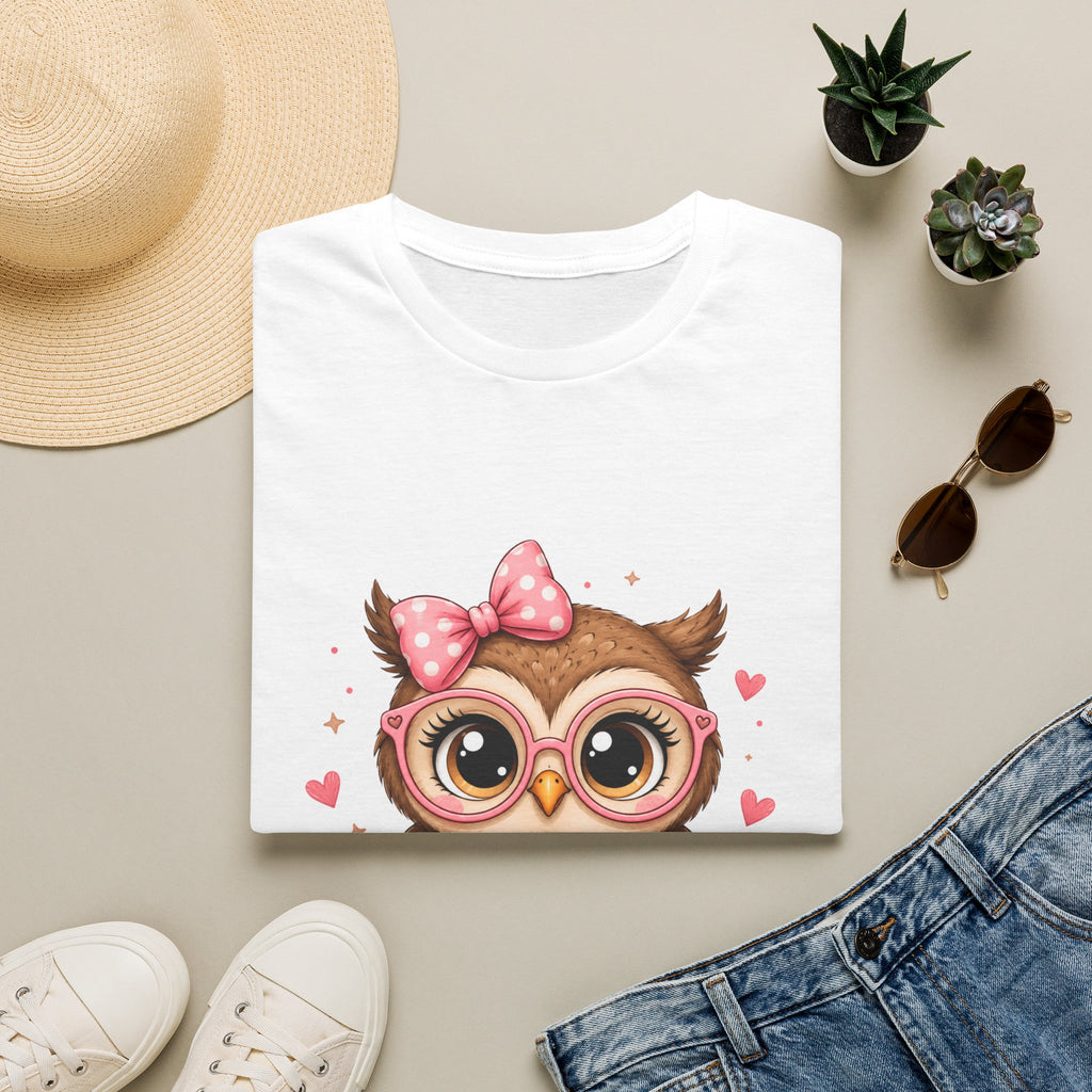 Cute Owl Tee — Whimsical Pink Bow Owl Graphic T-Shirt