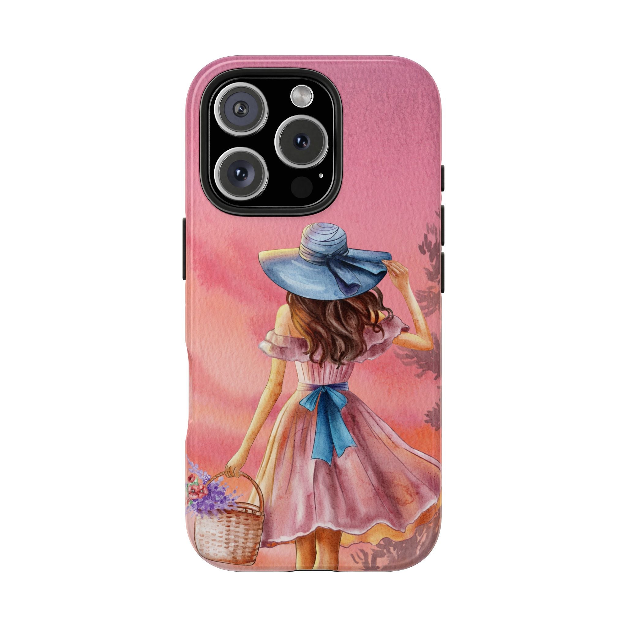Pastel Picnic Girl Phone Case — Protective Tough Phone Case with Watercolor Sunset Design