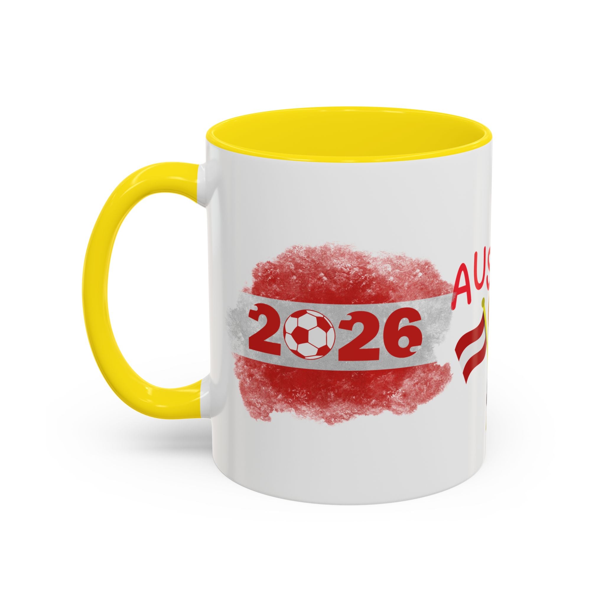 Austria 2026 Soccer Cup Accent Coffee Mug — Red Flag & Trophy Design (11/15oz)