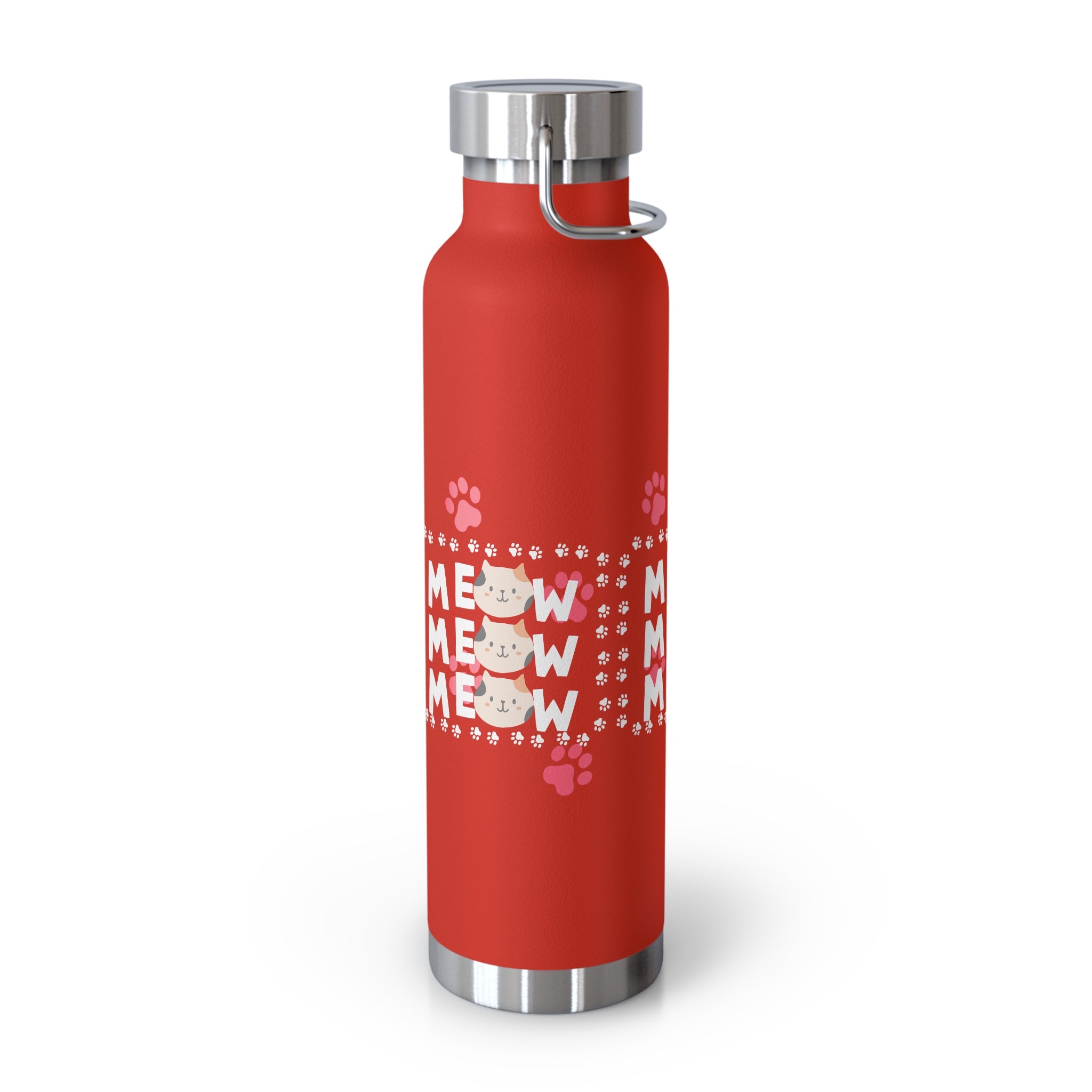 22oz Insulated Bottle — Red 'MEOW' Cute Cat Paw Print Design