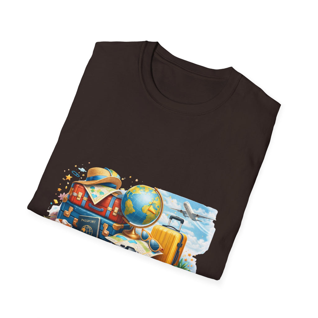 Travel Vibes T-Shirt — Retro Luggage, Globe & Camera Design