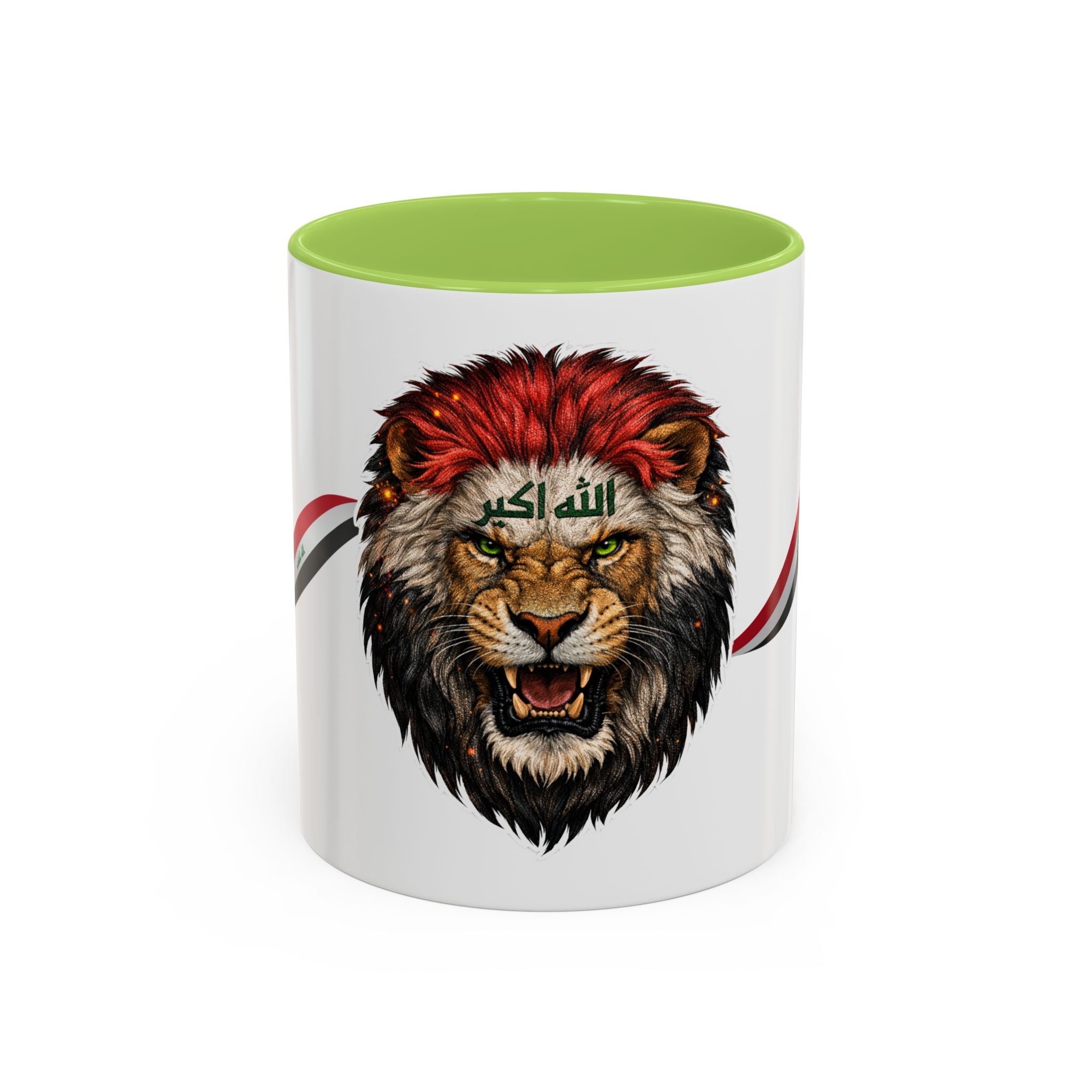 Iraq Lion Head Accent Coffee Mug with Arabic Script and Flag Ribbon – Patriotic Iraq Gift (11/15oz)