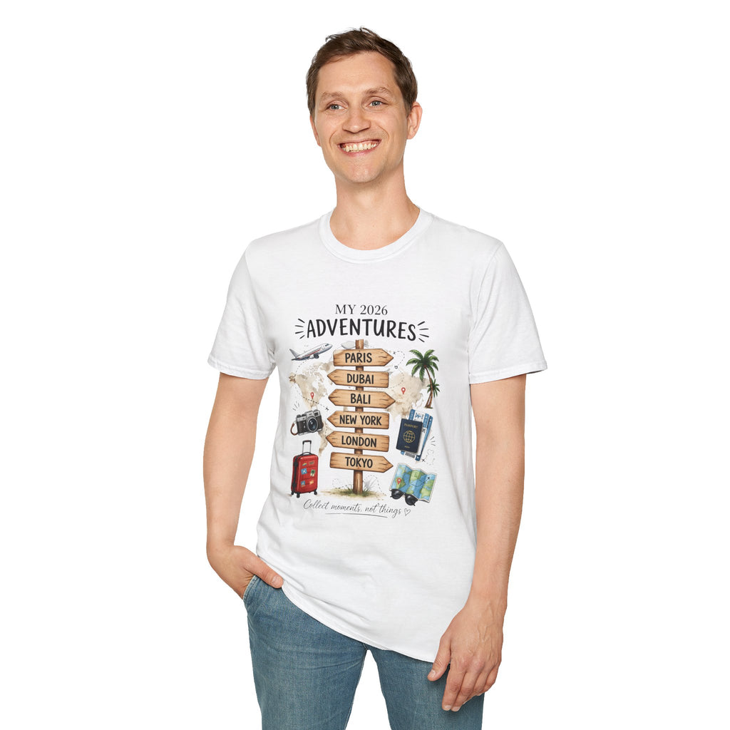 Travel Adventures T-Shirt — 'My 2020 Adventures' World Cities Graphic Tee (Paris, Dubai, Bali, New York, London, Tokyo)