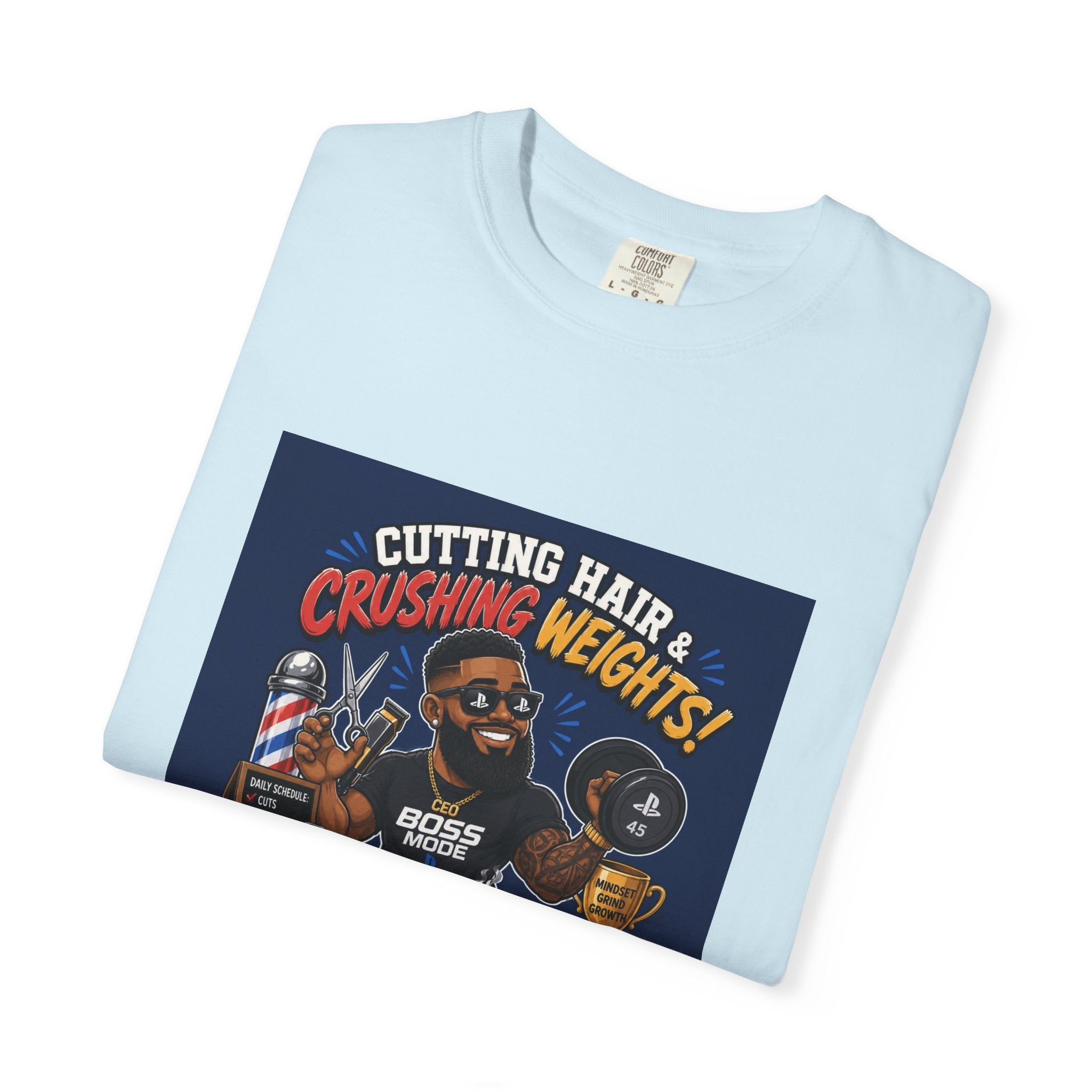 Barber & Gym Retro Graphic T-Shirt — "Cutting Hair & Crushing Weights"