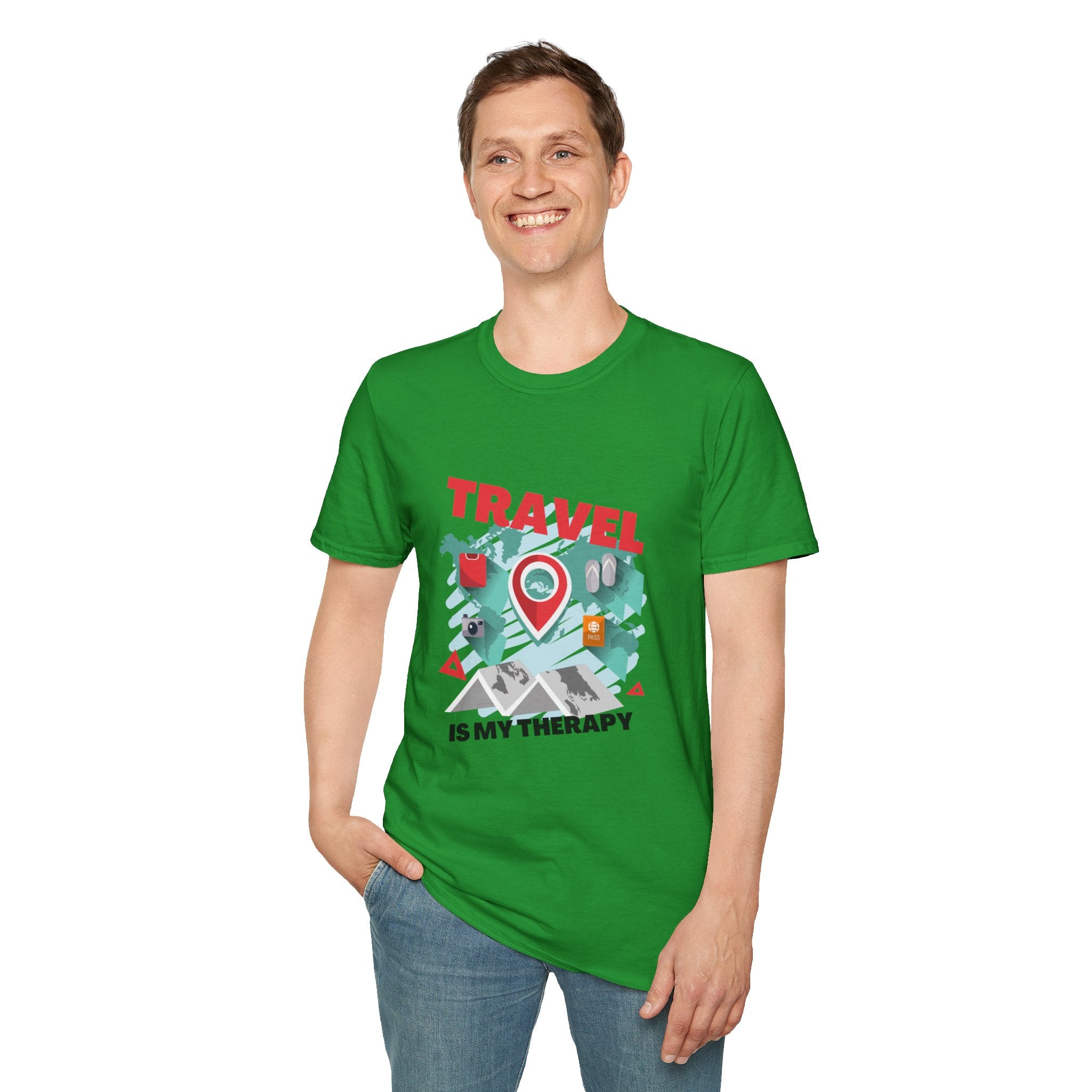 Travel Is My Therapy T-Shirt — Wanderlust Map Tee for Travelers & Adventure Lovers