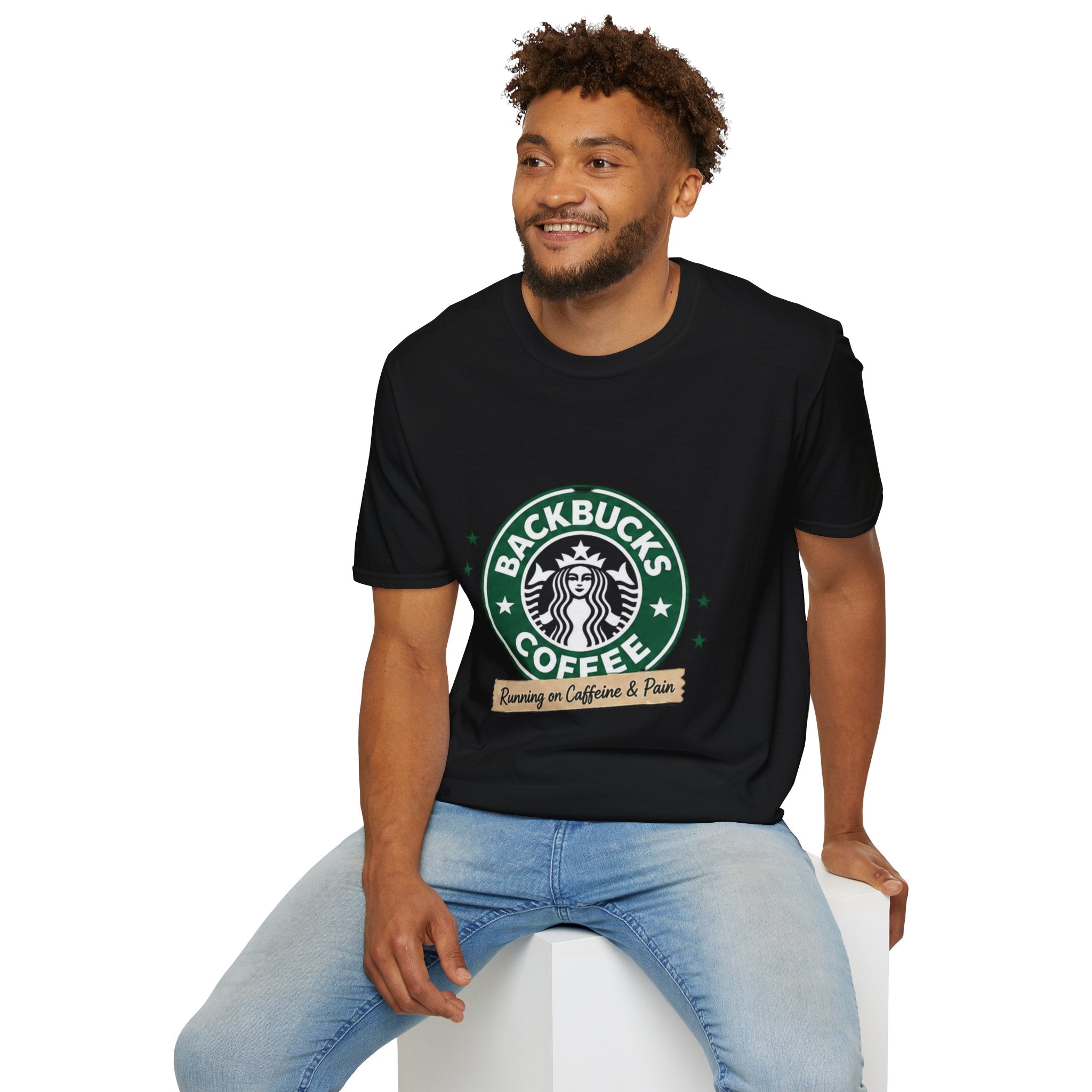 Backbucks Coffee T-Shirt — "Running on Caffeine & Pain" Vintage Logo Tee
