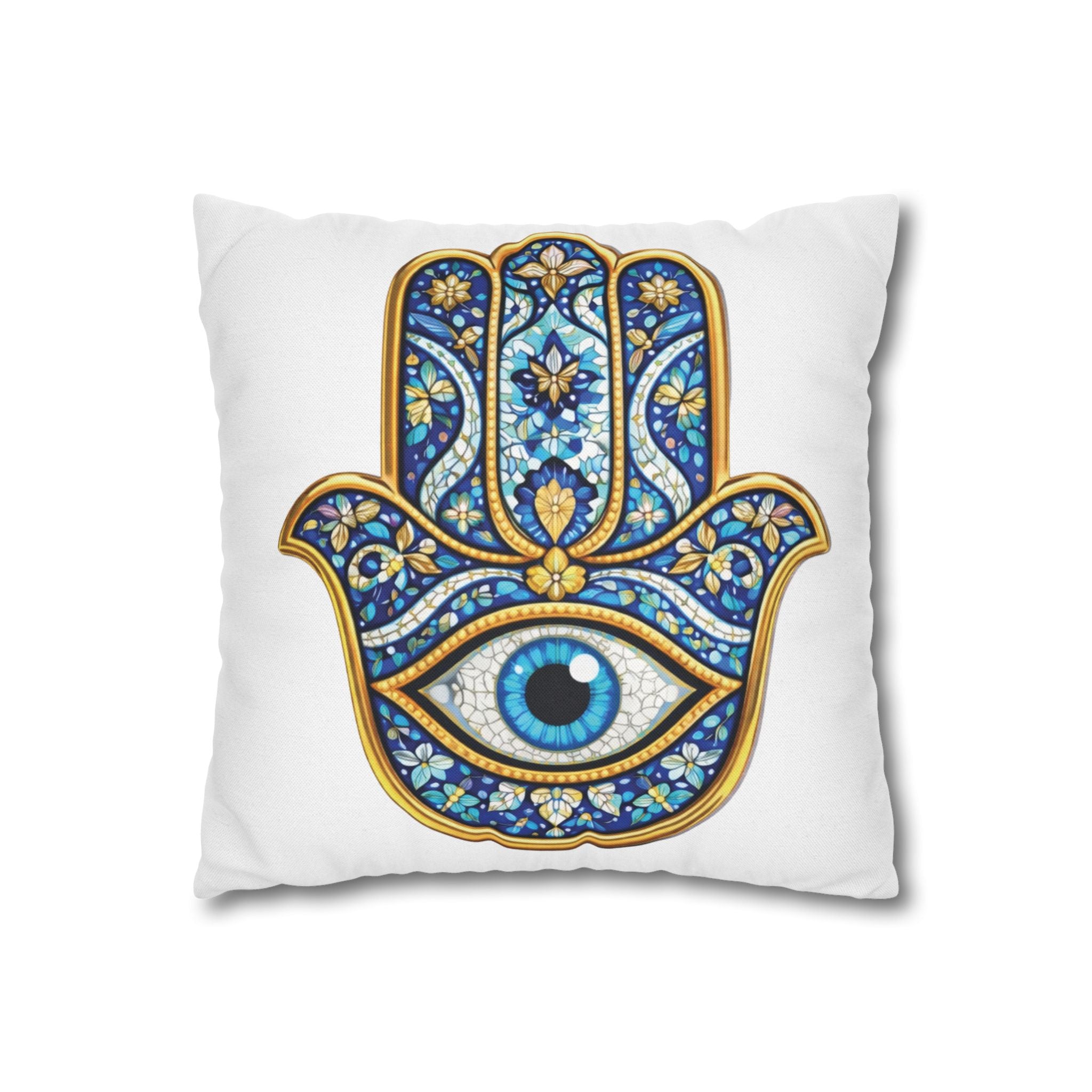 Hamsa Hand Throw Pillow – Blue Mosaic Evil Eye Decorative Pillowcase