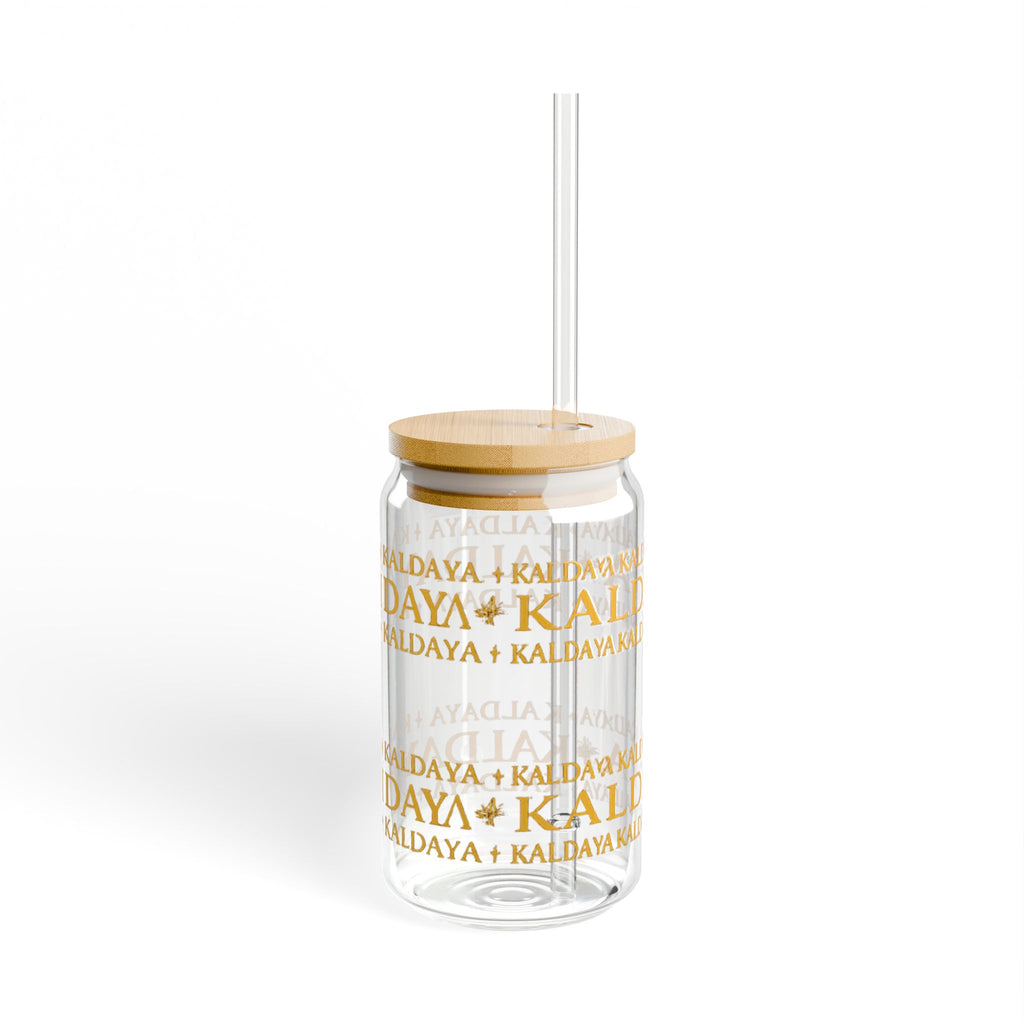 Kaldaya Repeated Logo 16oz Sipper Glass with Bamboo Lid & Straw