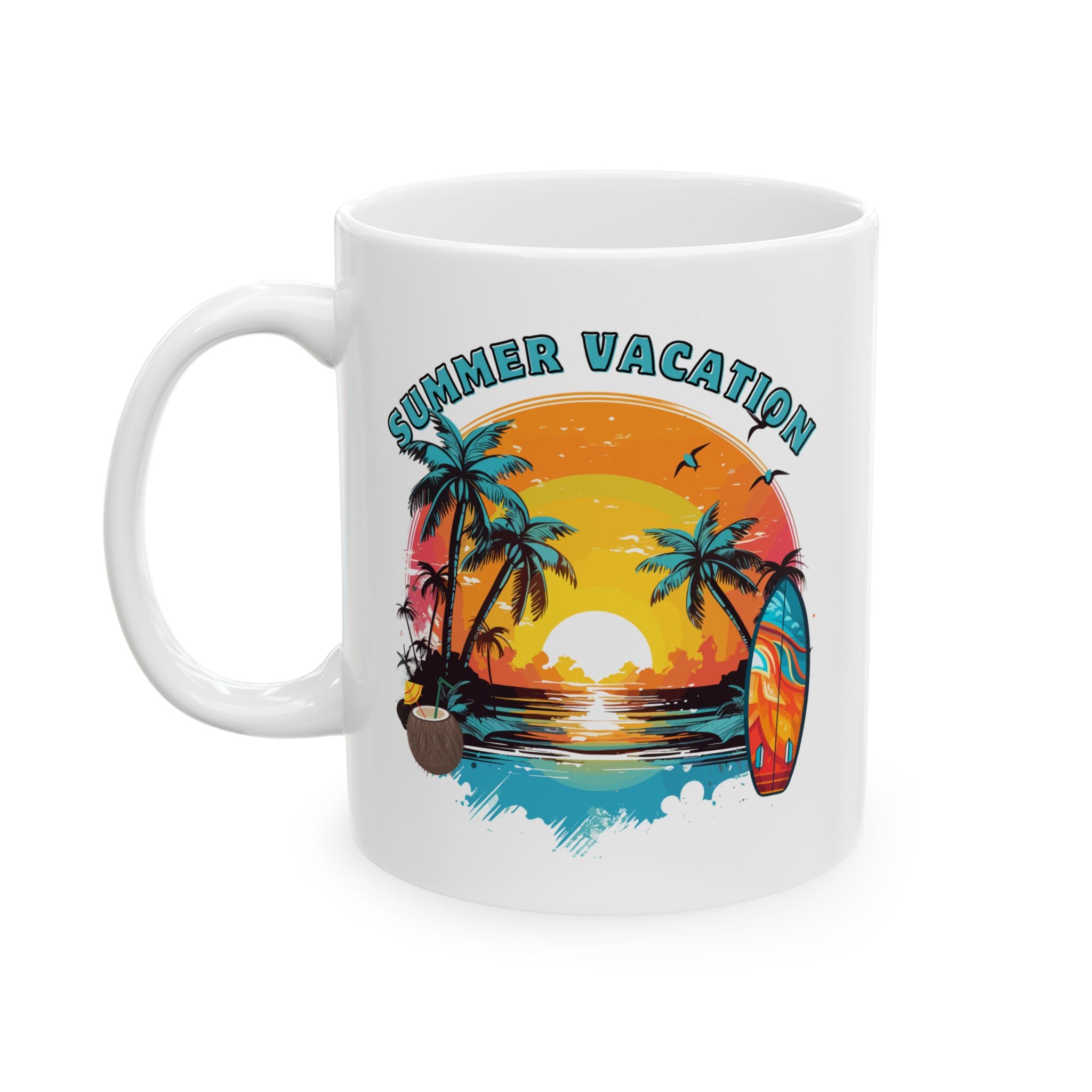 Summer Vibes Ceramic Mug – Tropical Sunset Palm Tree Coffee Cup (11oz/15oz)