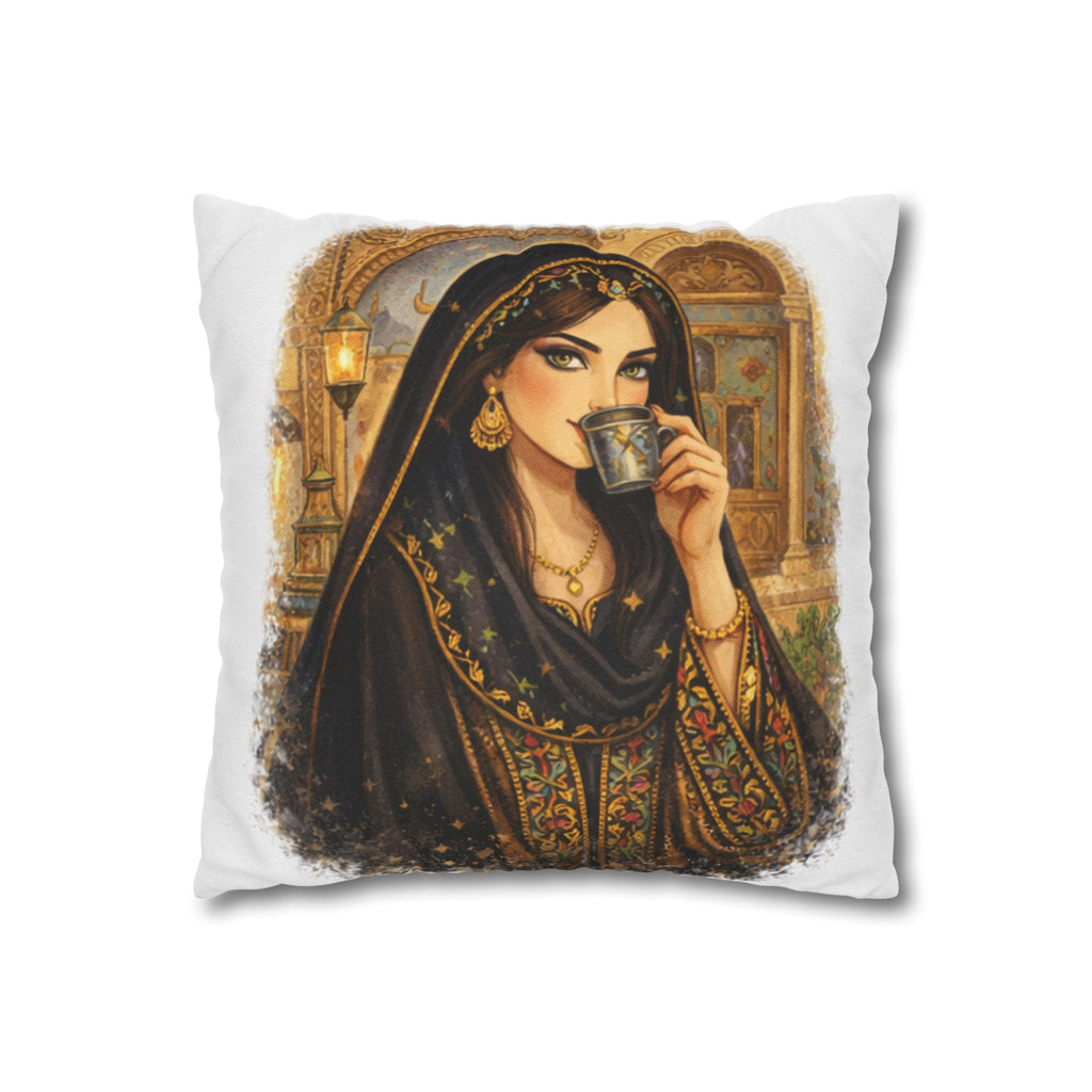 Middle Eastern Portrait Decorative Pillowcase — Woman Drinking Tea Art Throw Pillow Cover